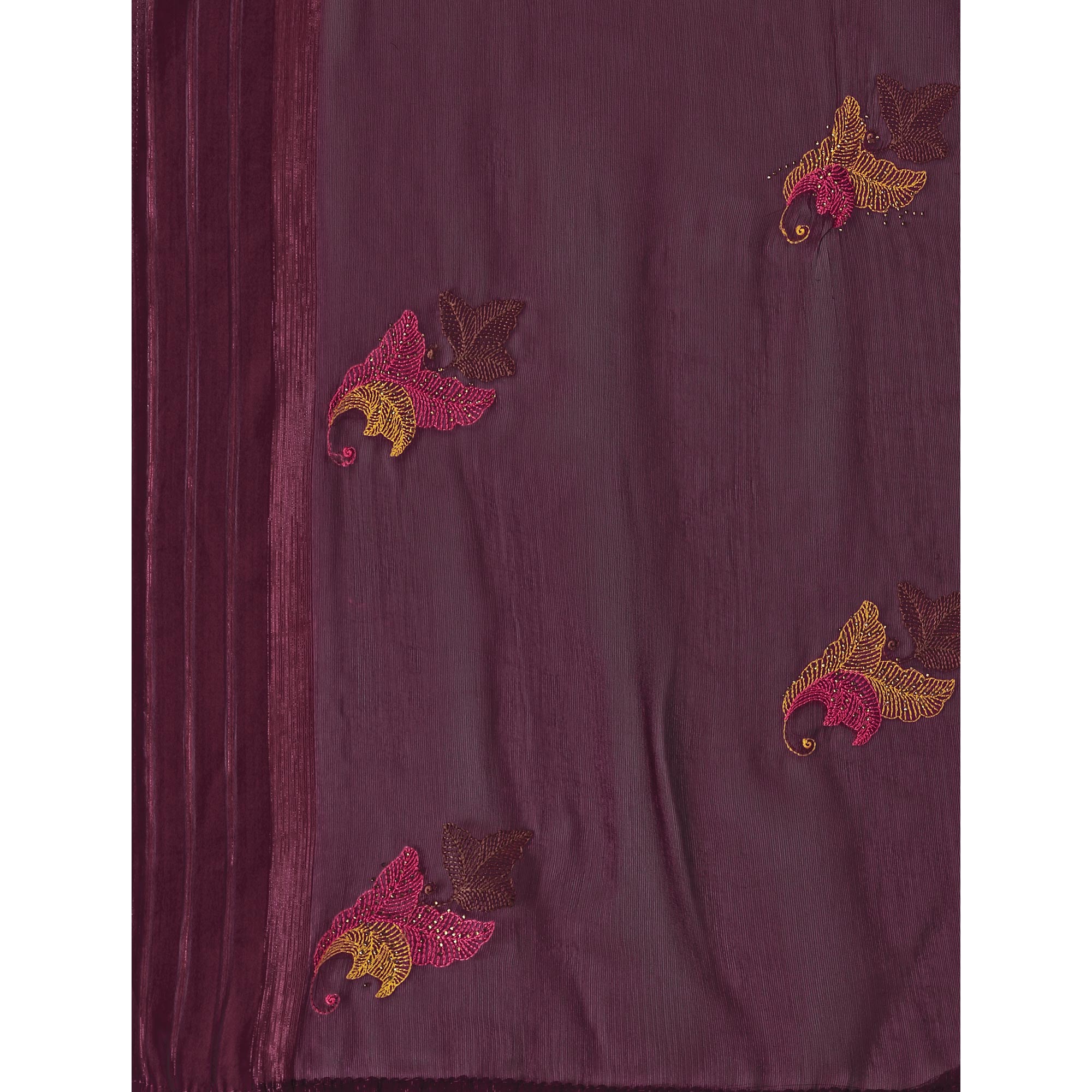 Burgundy Floral Embroidered Chiffon Saree With With Tassels