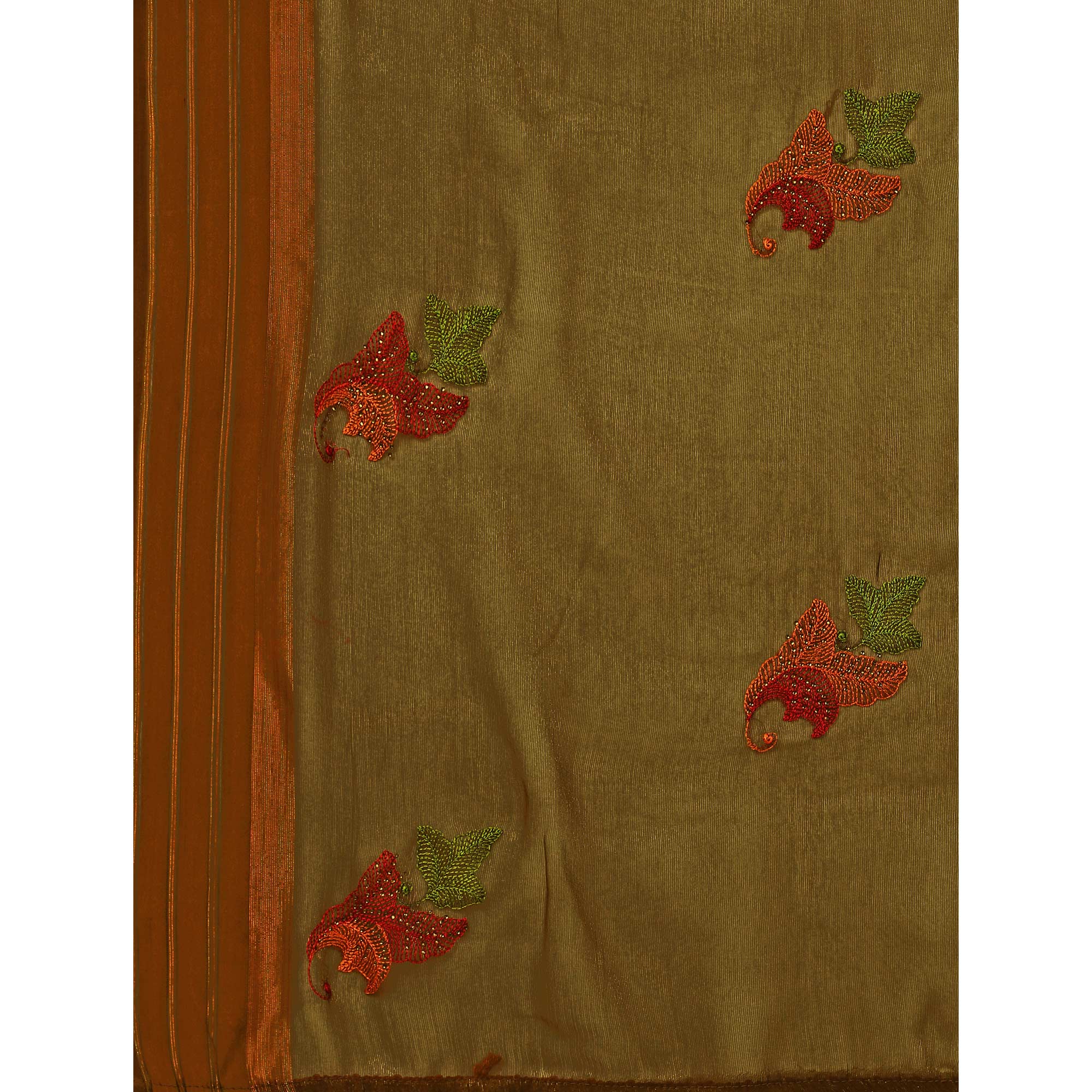 Mehendi Green Floral Embroidered Chiffon Saree With With Tassels