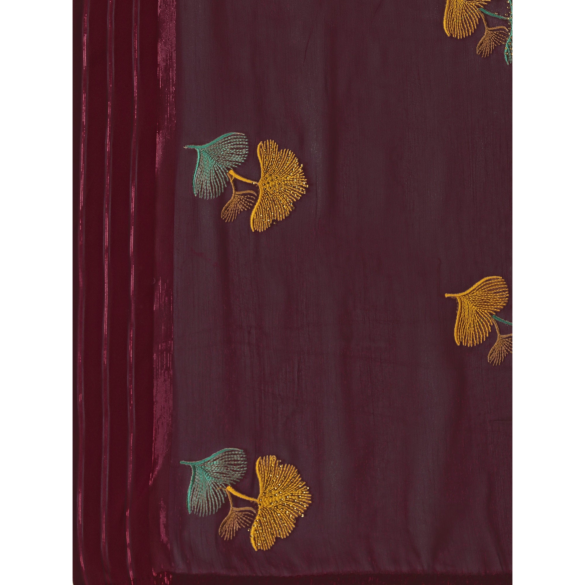 Maroon Floral Embroidered Chiffon Saree With With Tassels