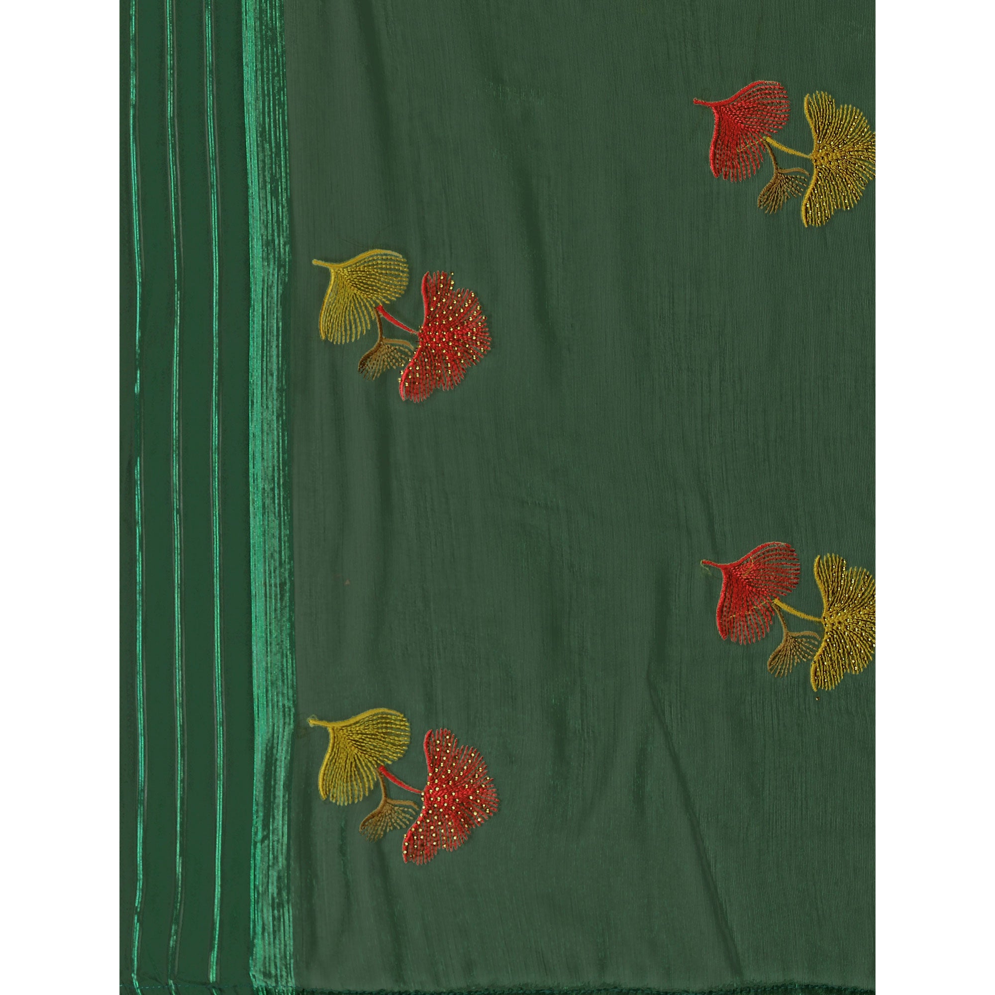 Green Floral Embroidered Chiffon Saree With With Tassels