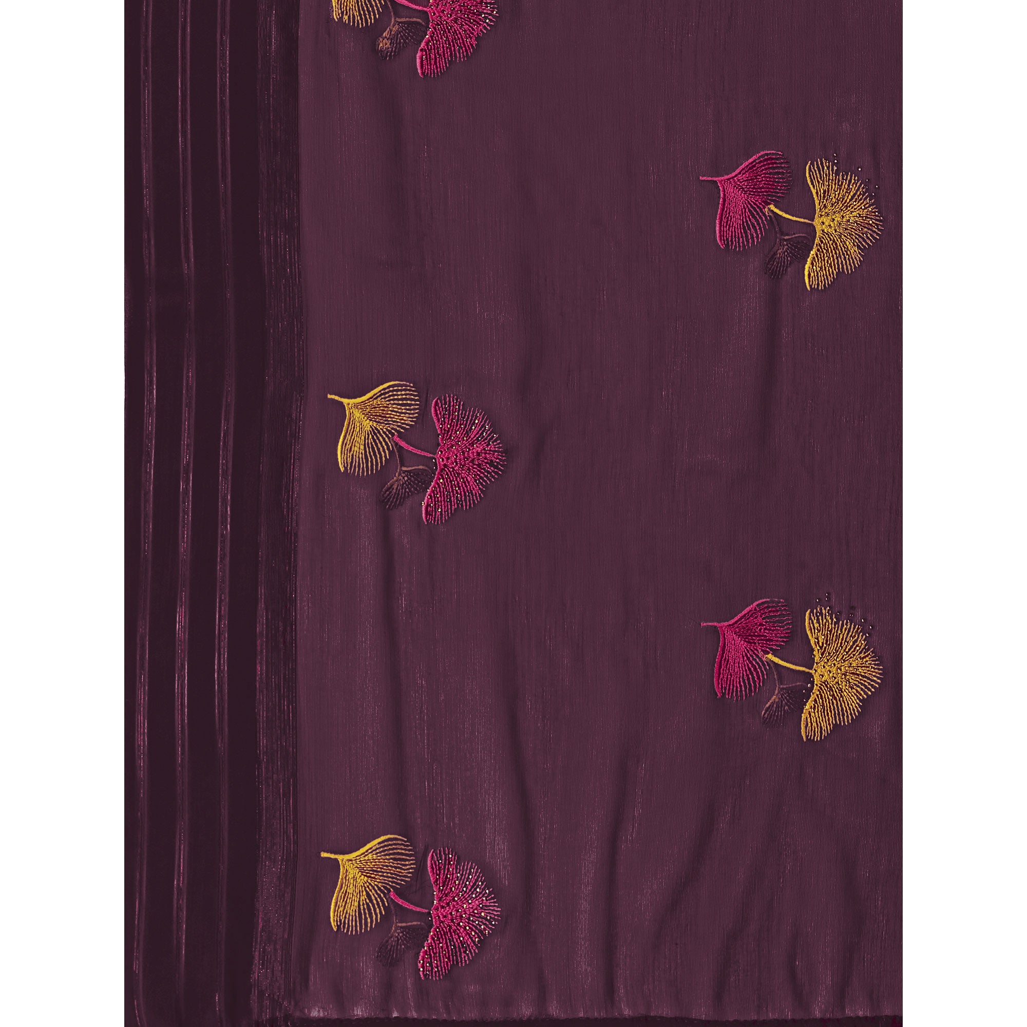 Wine Floral Embroidered Chiffon Saree With With Tassels