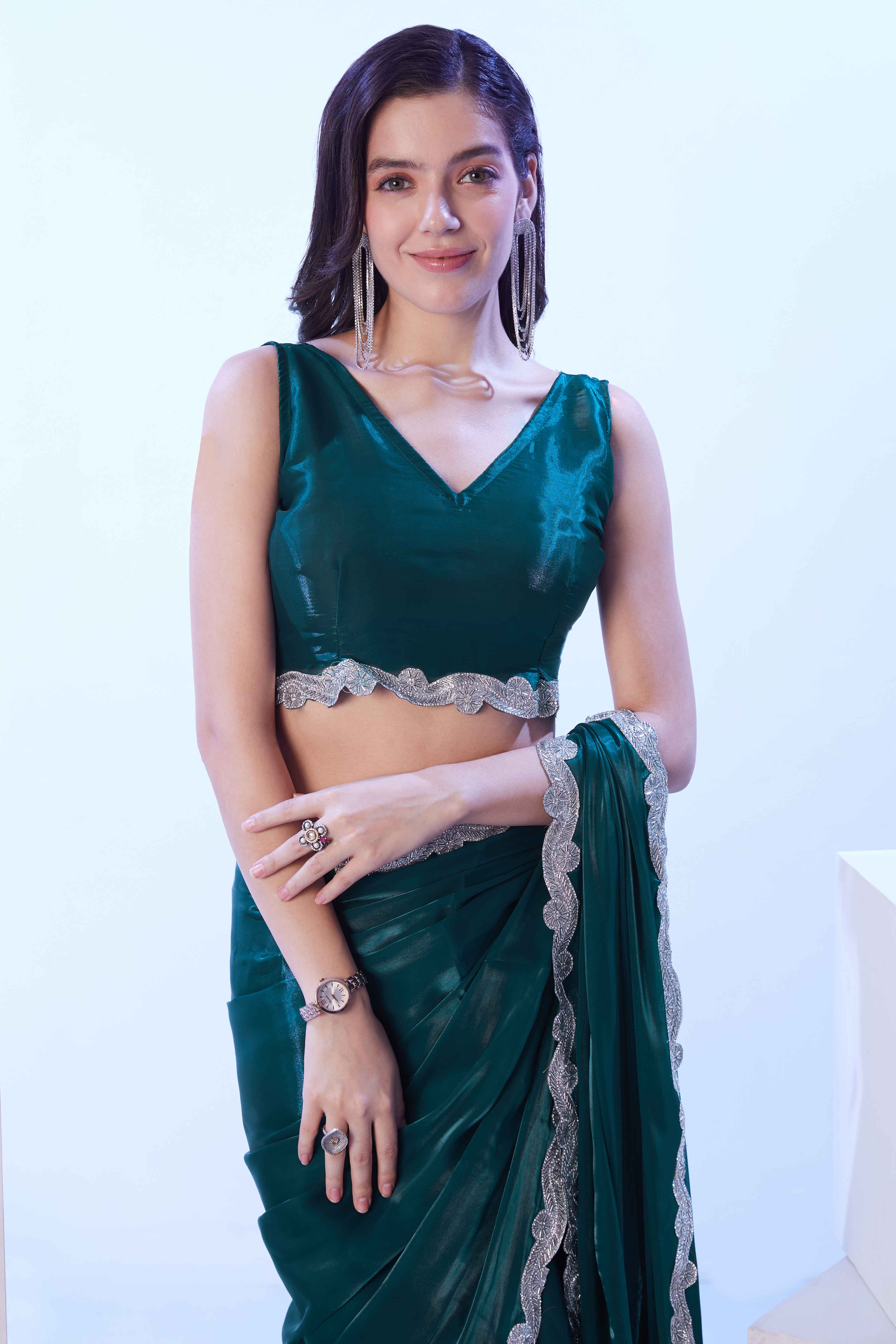 Morpich Green Satin Solid Embroidered Saree Adorned with Beads & Stones