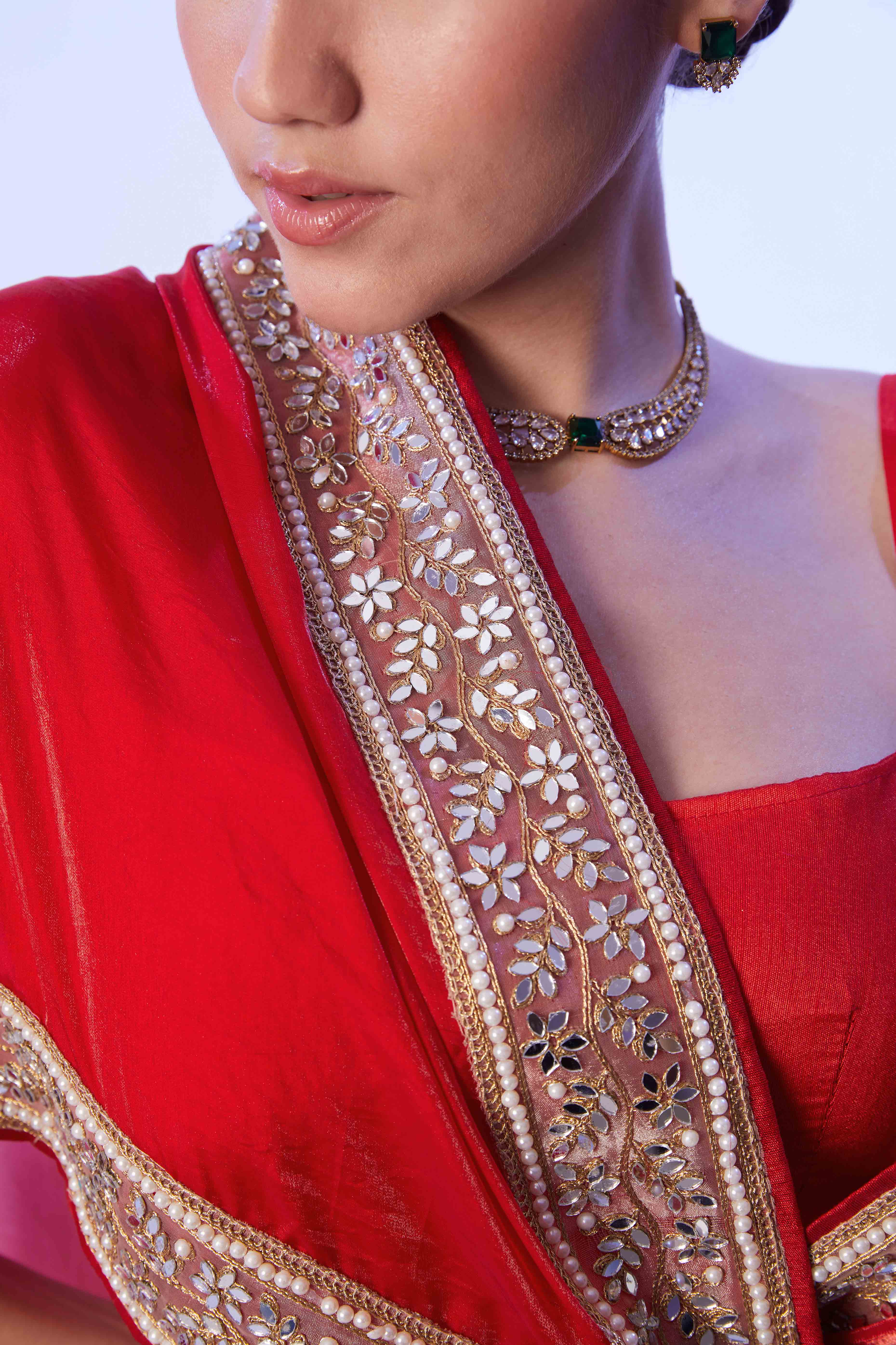 Red Satin Solid Embroidered Saree Adorned with Beads & Stones