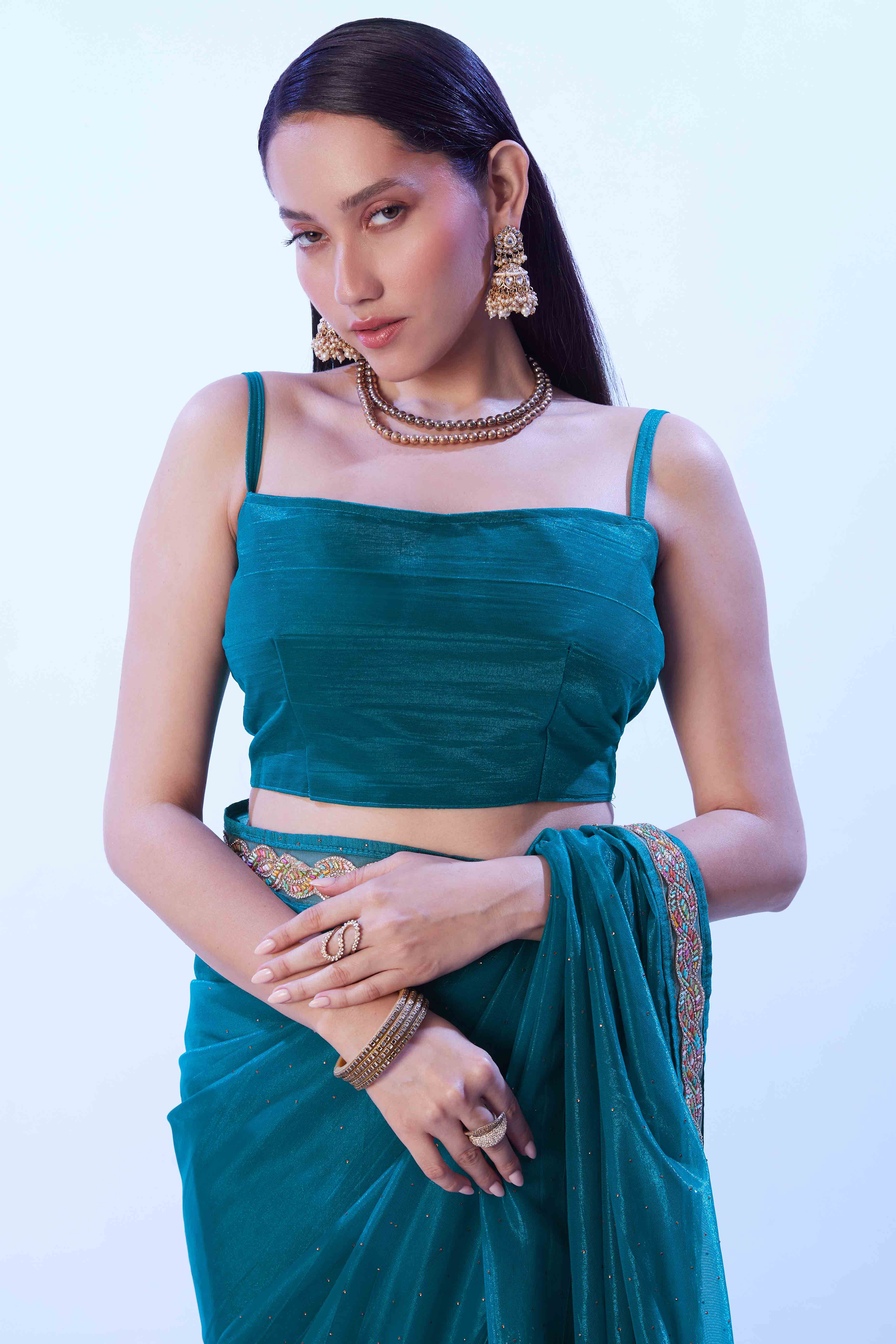 Teal Stone Work Net Solid  Embroidered Saree for Party Wear