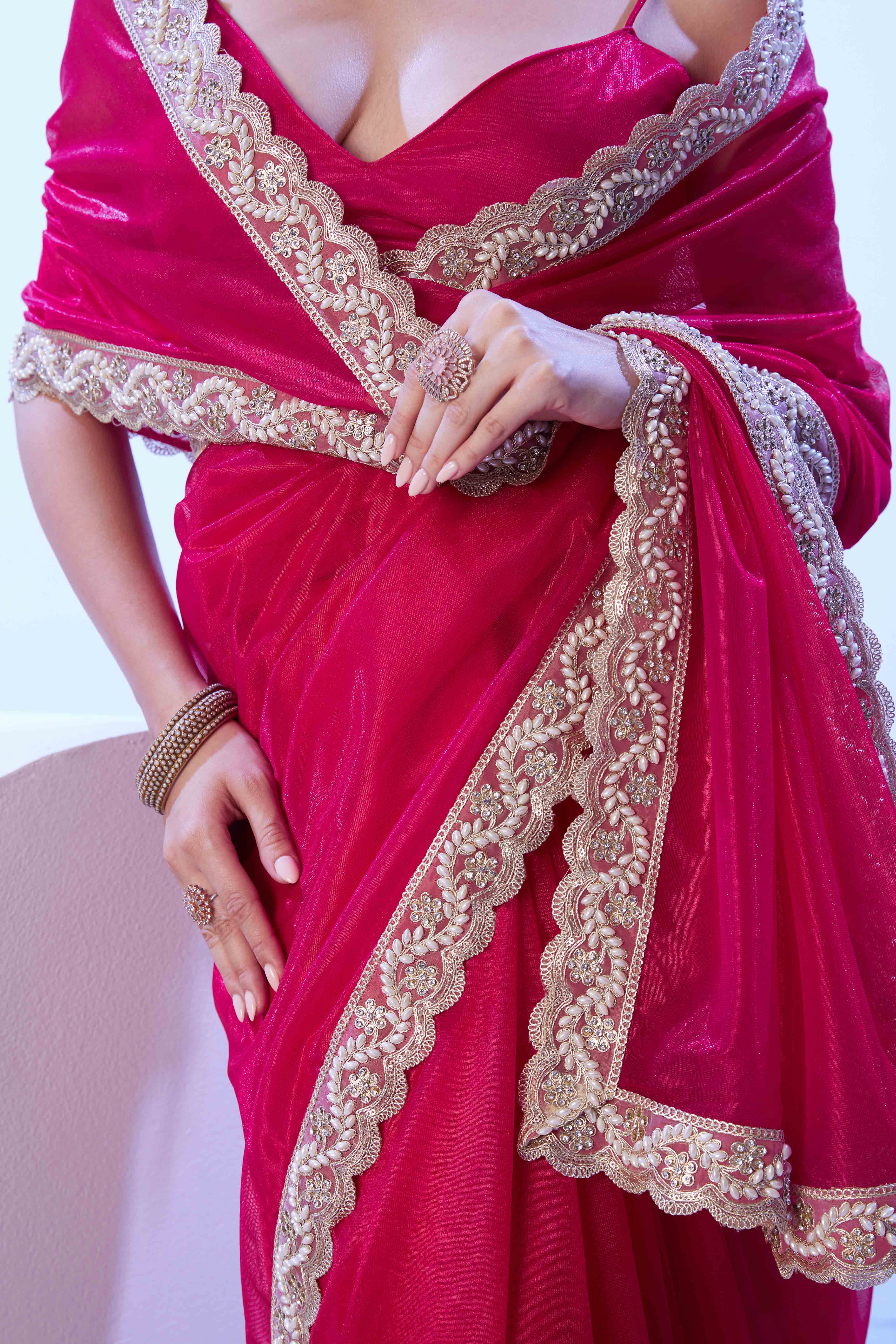 Hot Pink Stone Work Net Solid Embroidered Saree for Party Wear