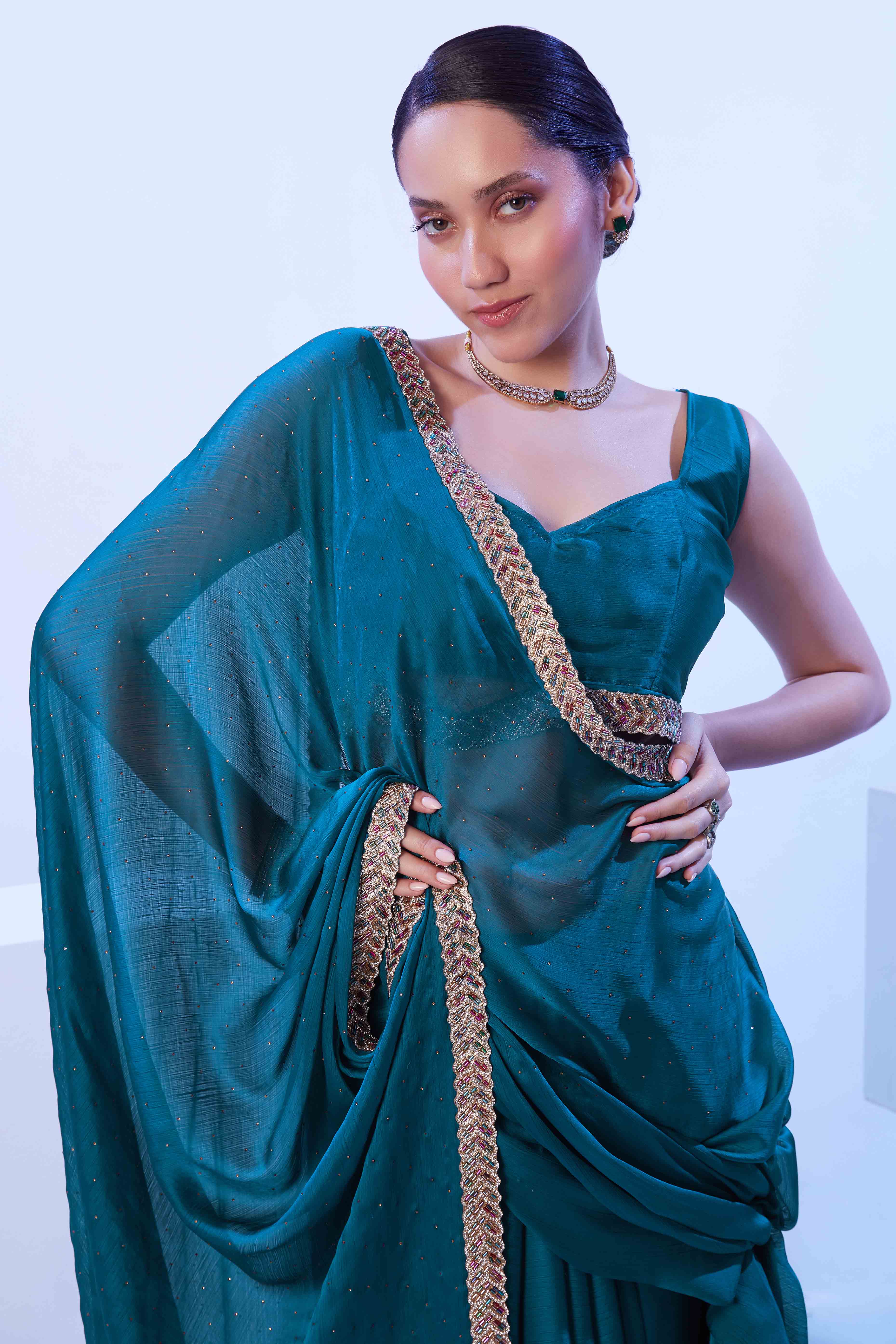 Teal Satin Embroidered Solid Saree Adorned with Beads & Stones