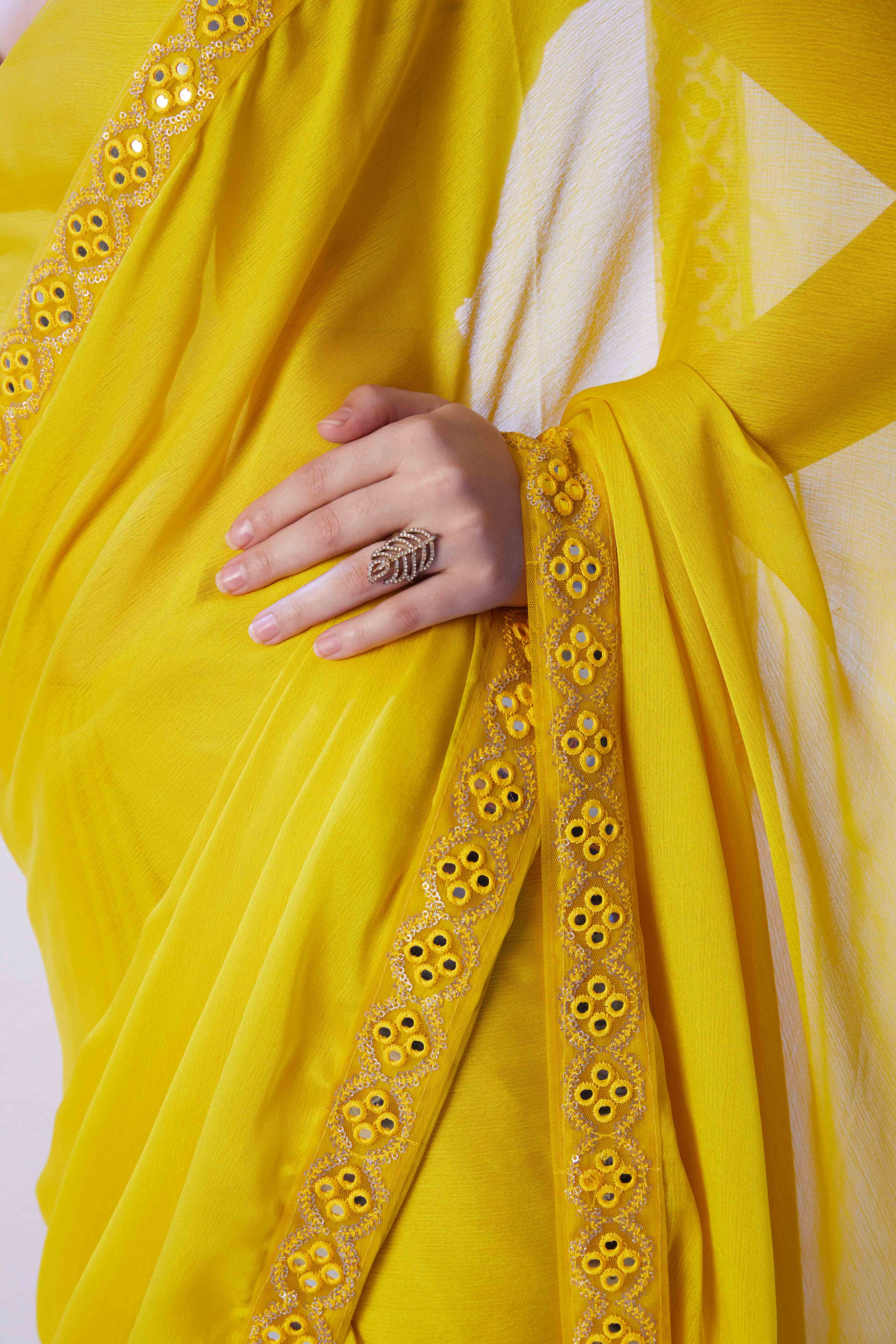 Lime Yellow Chiffon Solid Saree with Mirror Embroidery On Border