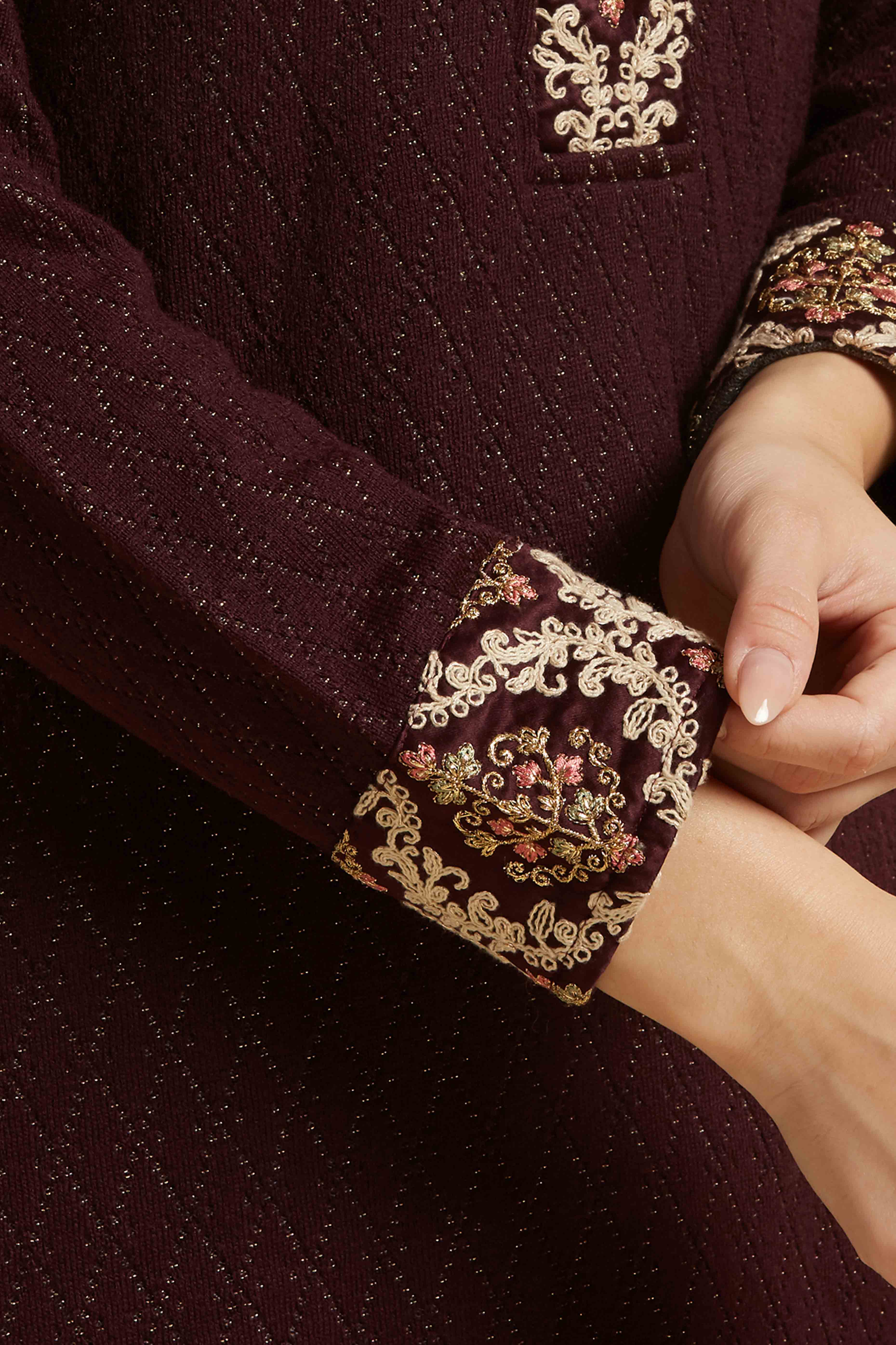 Wine Woven Woolen Straight Top Bottom Set