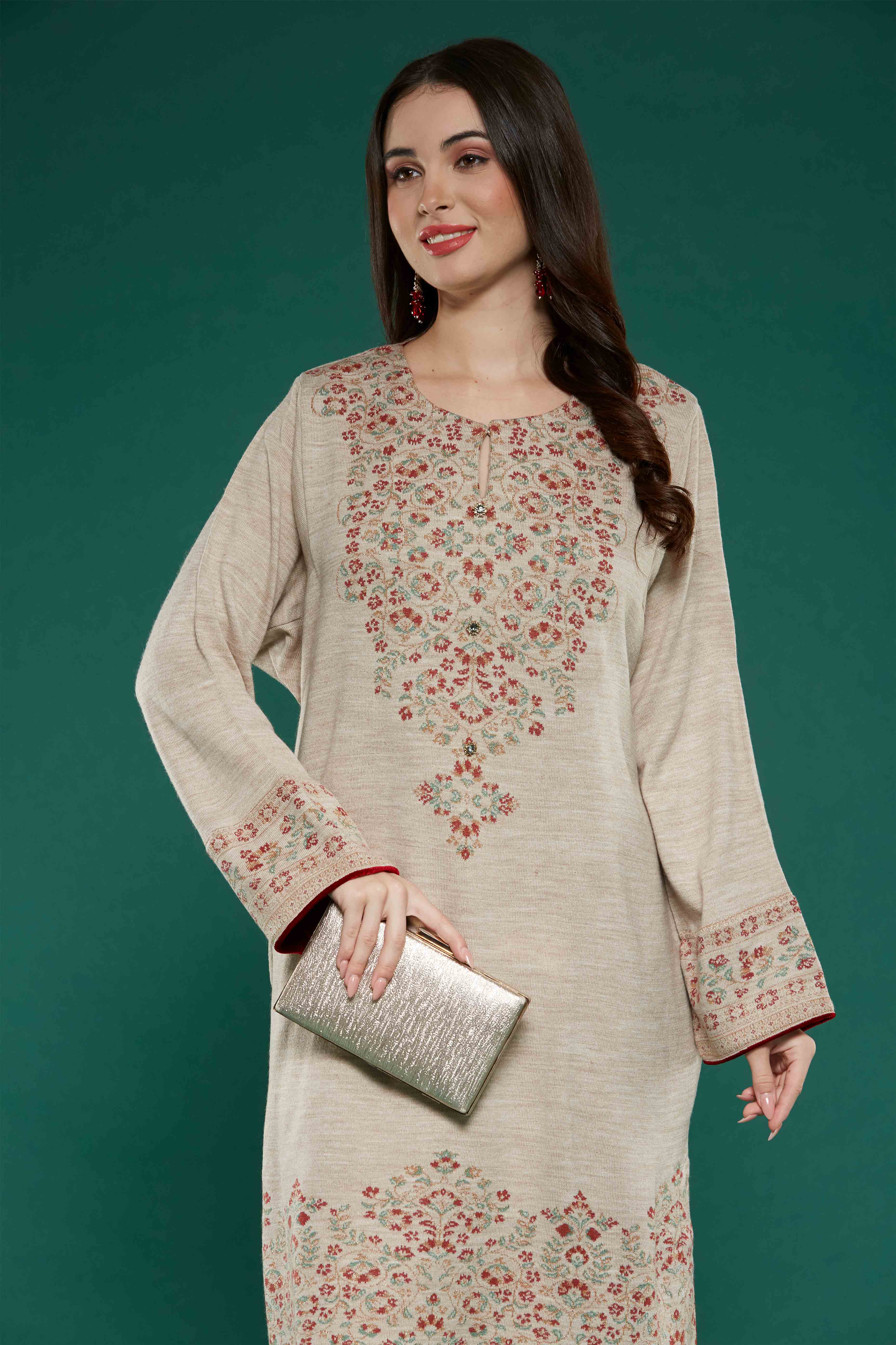 Beige Floral Woven Woolen Straight Kurti