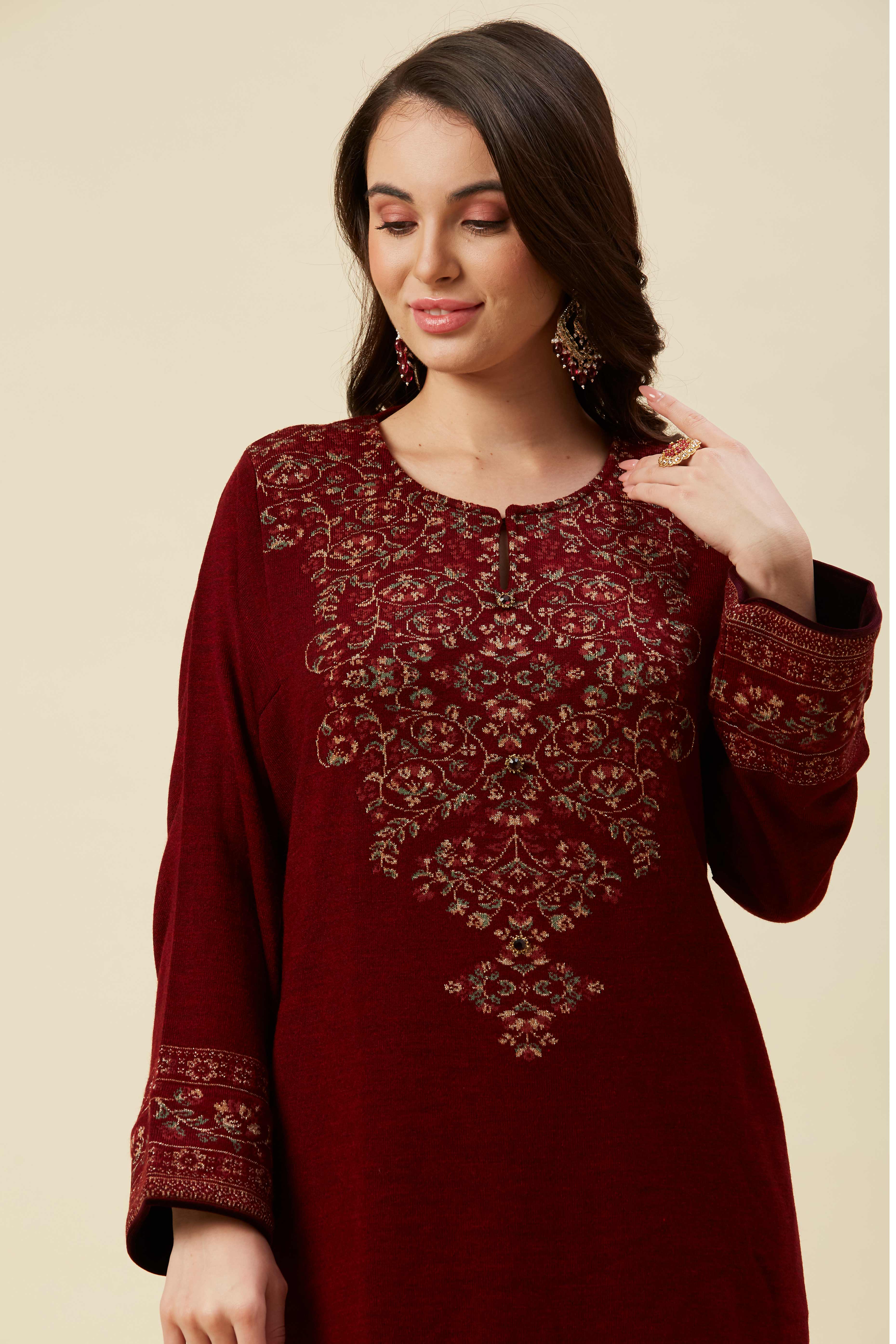 Maroon Floral Woven Woolen Straight Kurti