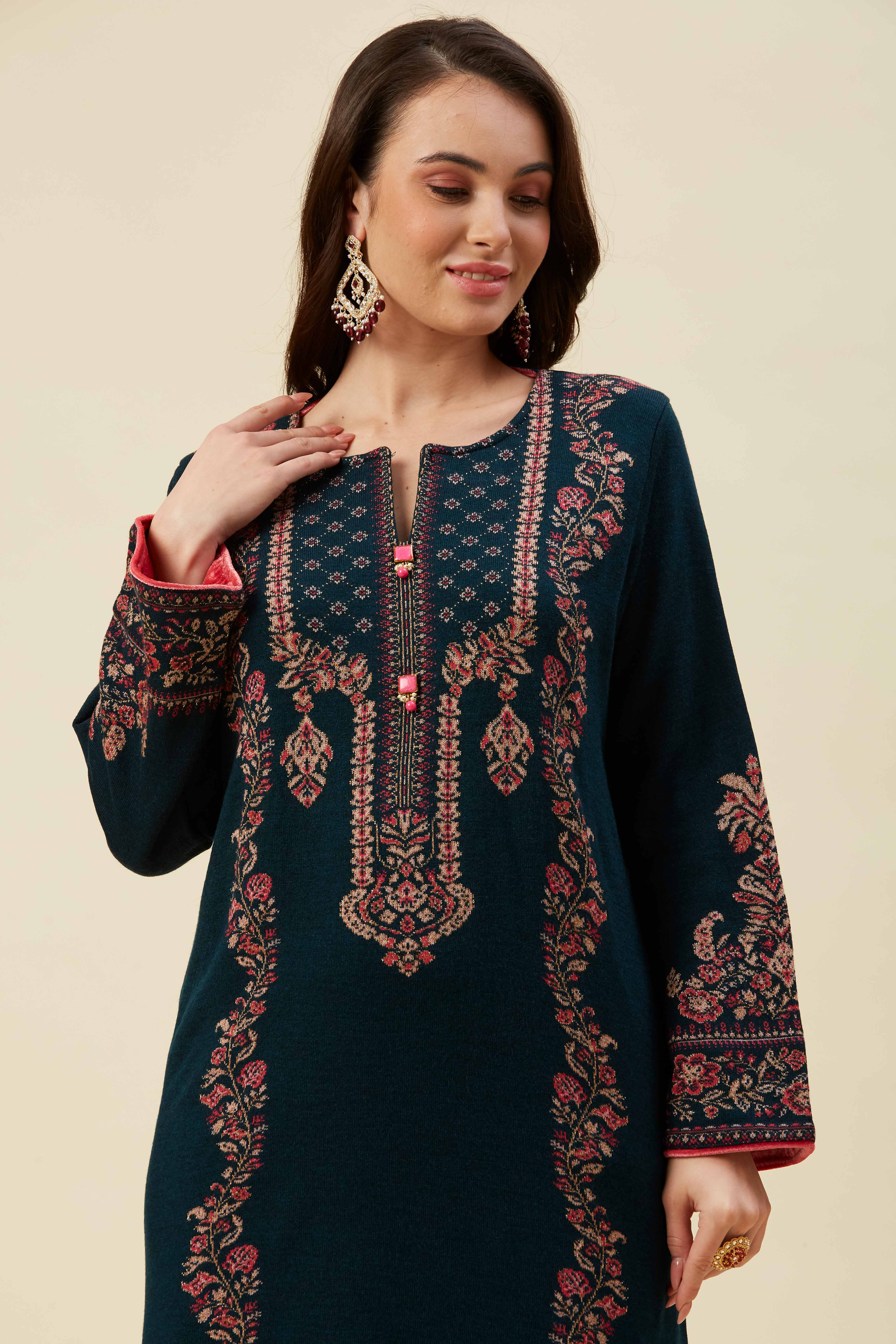 Peacock Blue Floral Woven Woolen Straight Kurti