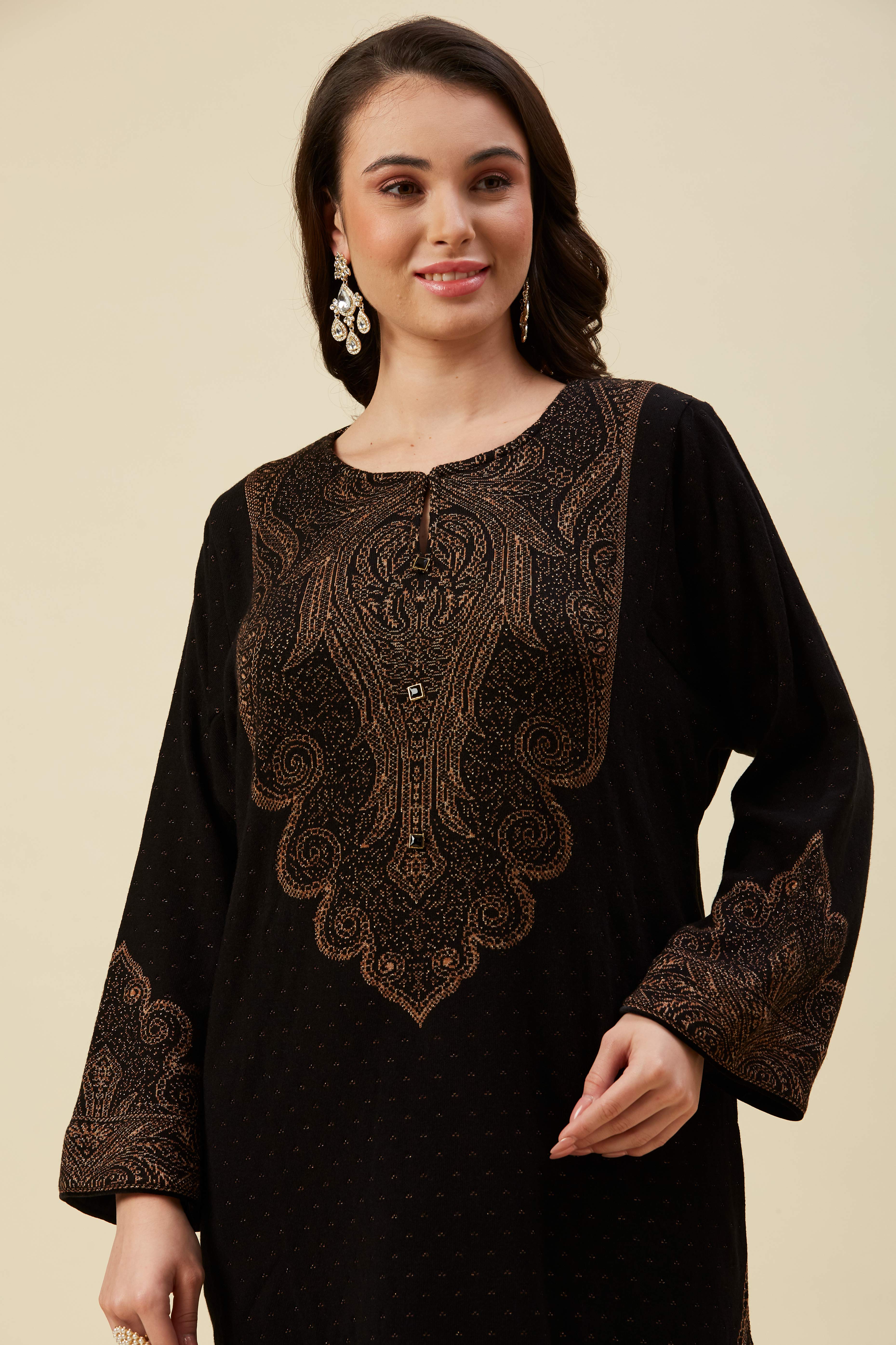 Black Floral Woven Woolen Straight Kurti