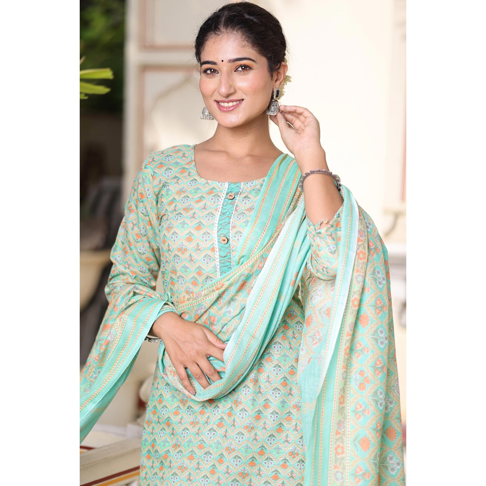 Green Floral Printed Pure Cotton Suit