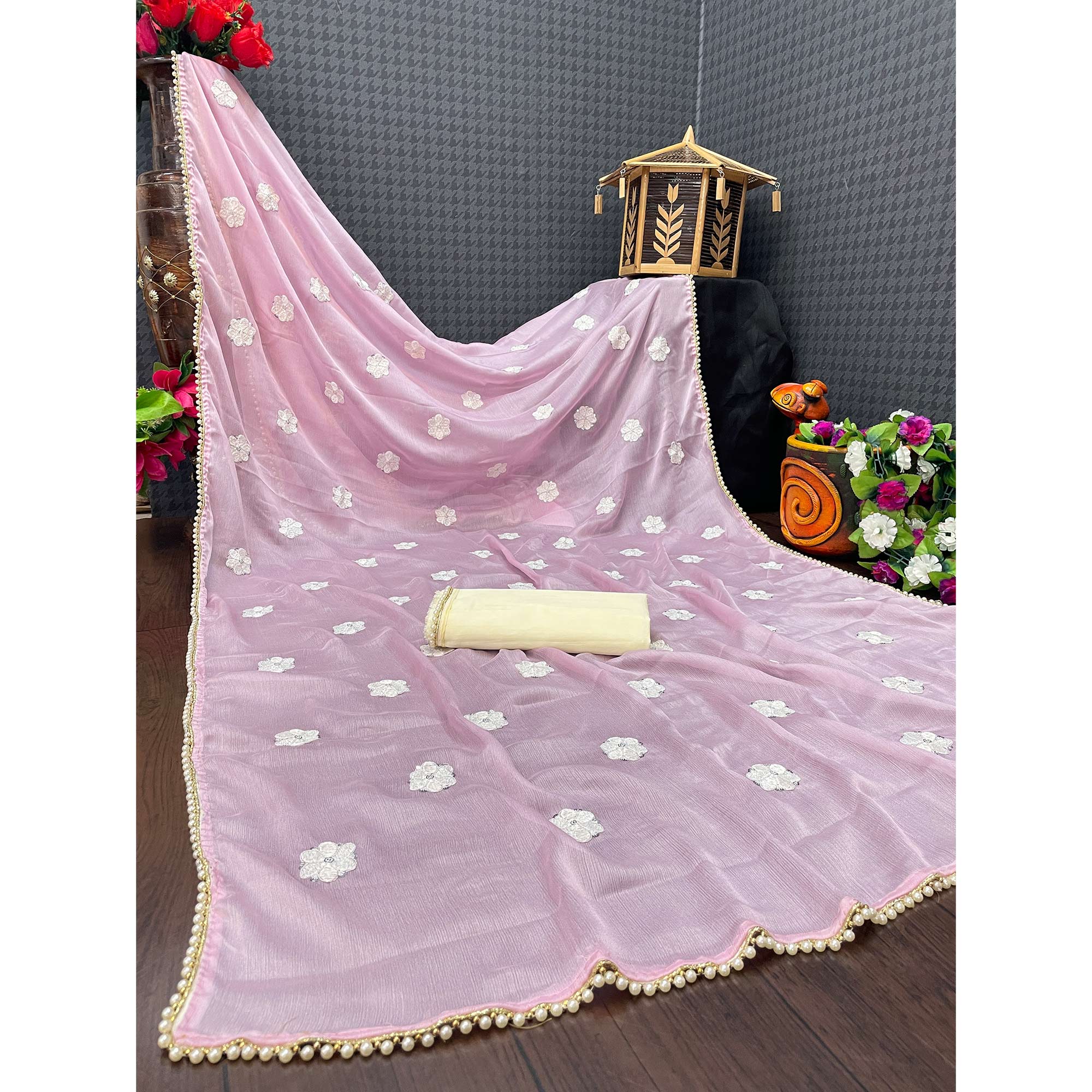 Pink Floral Embroidered Chiffon Saree