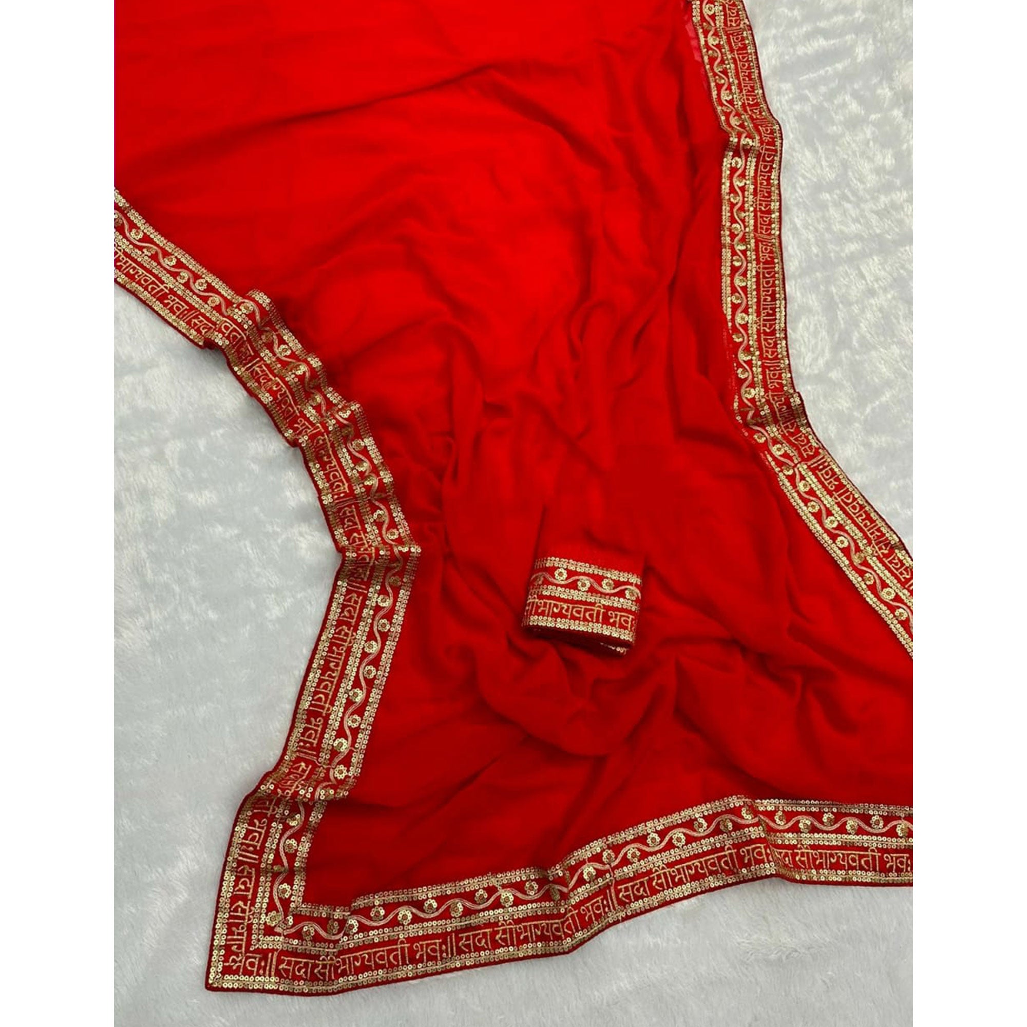 Red Solid With Embroidered Border Georgette Saree