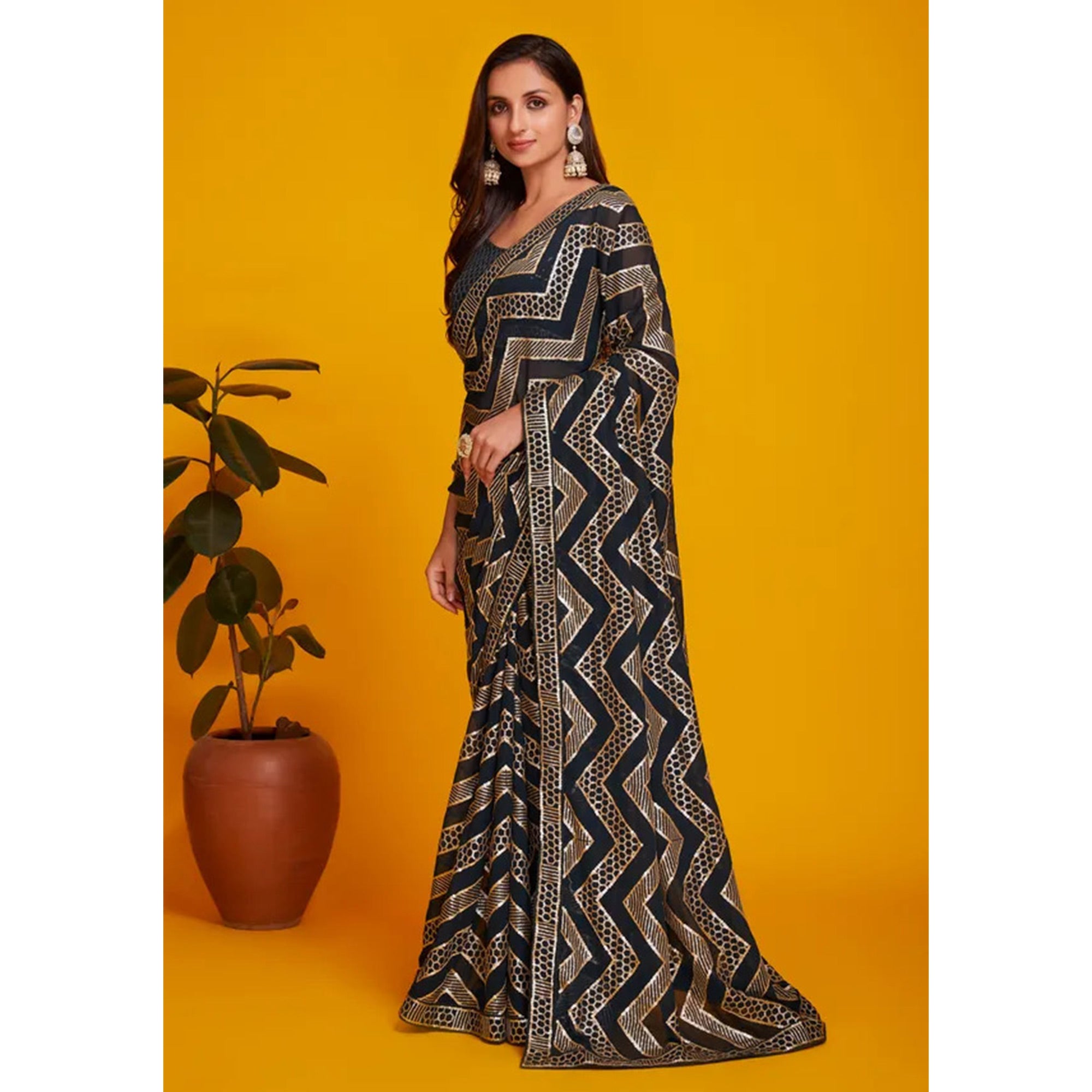 Black Sequins Embroidered Georgette Saree