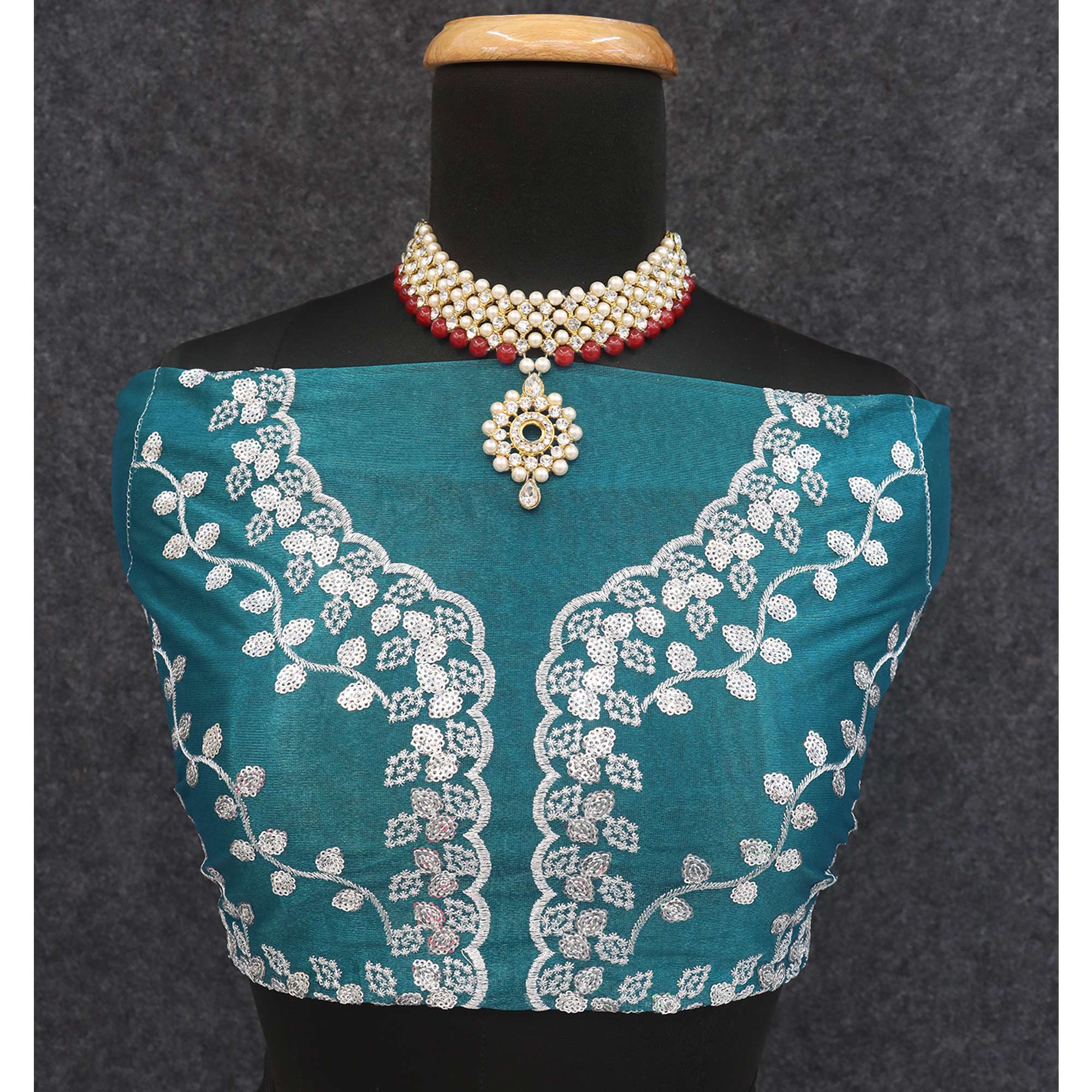 Teal Floral Embroidered Net Saree