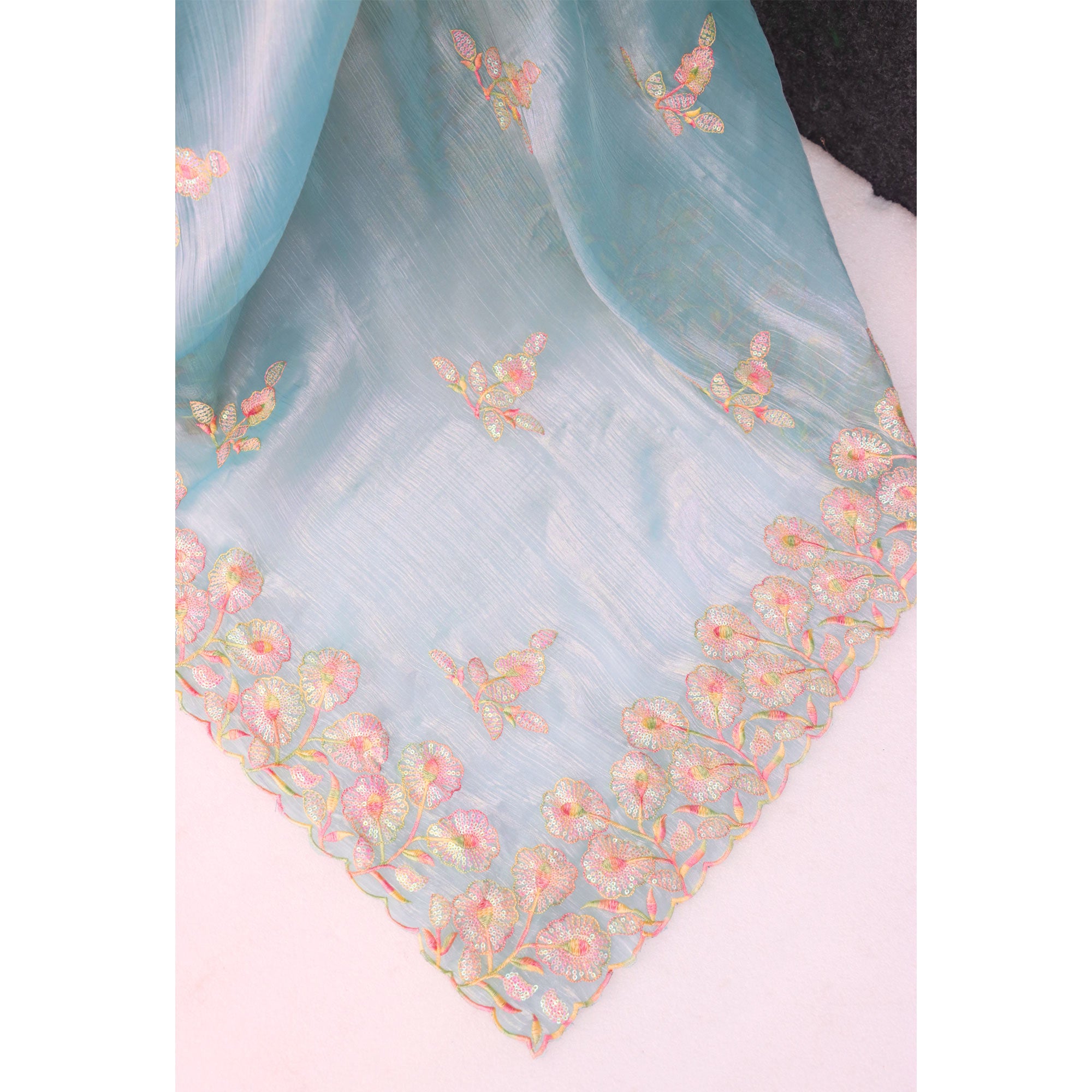 Sky Blue Sequins Embroidered Chiffon Saree