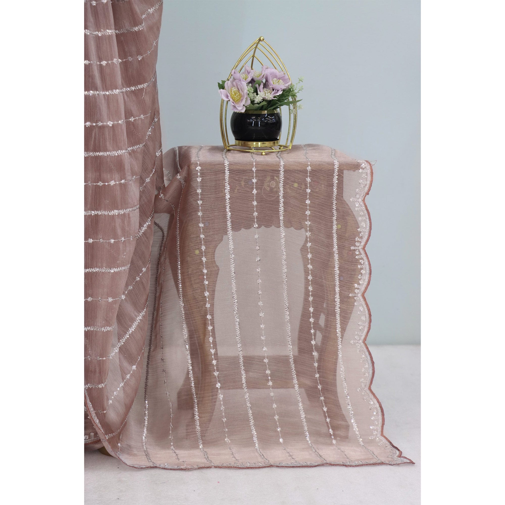 Brown Sequins Work Embroidered Chiffon Saree