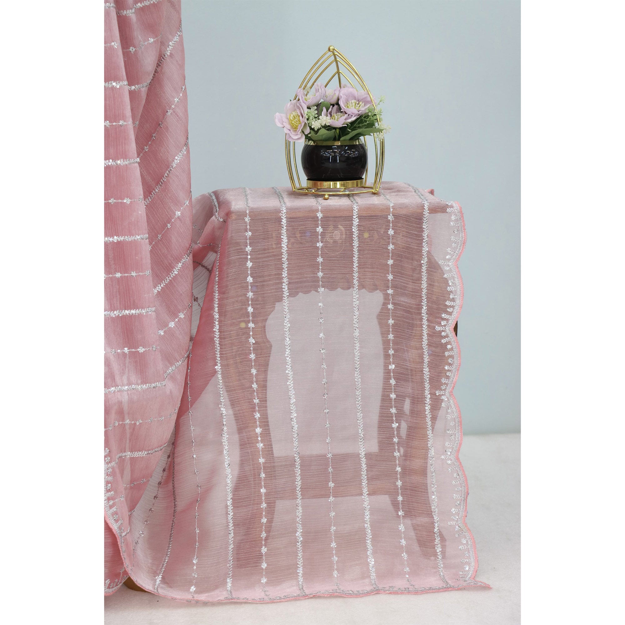 Peach Sequins Work Embroidered Chiffon Saree