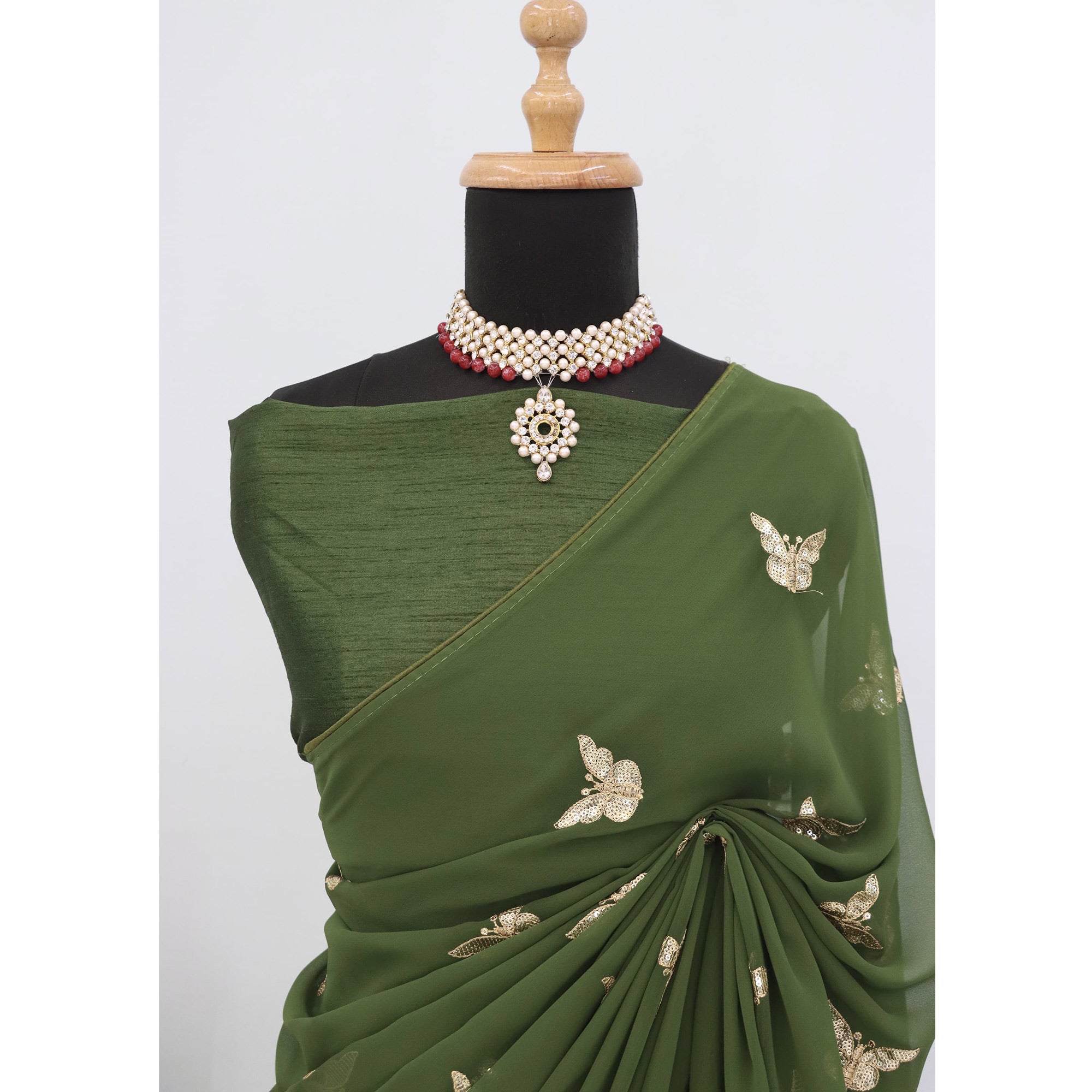 Mehendi Green Embroidered Georgette Saree With Shimmering Butterfly Sequin Work