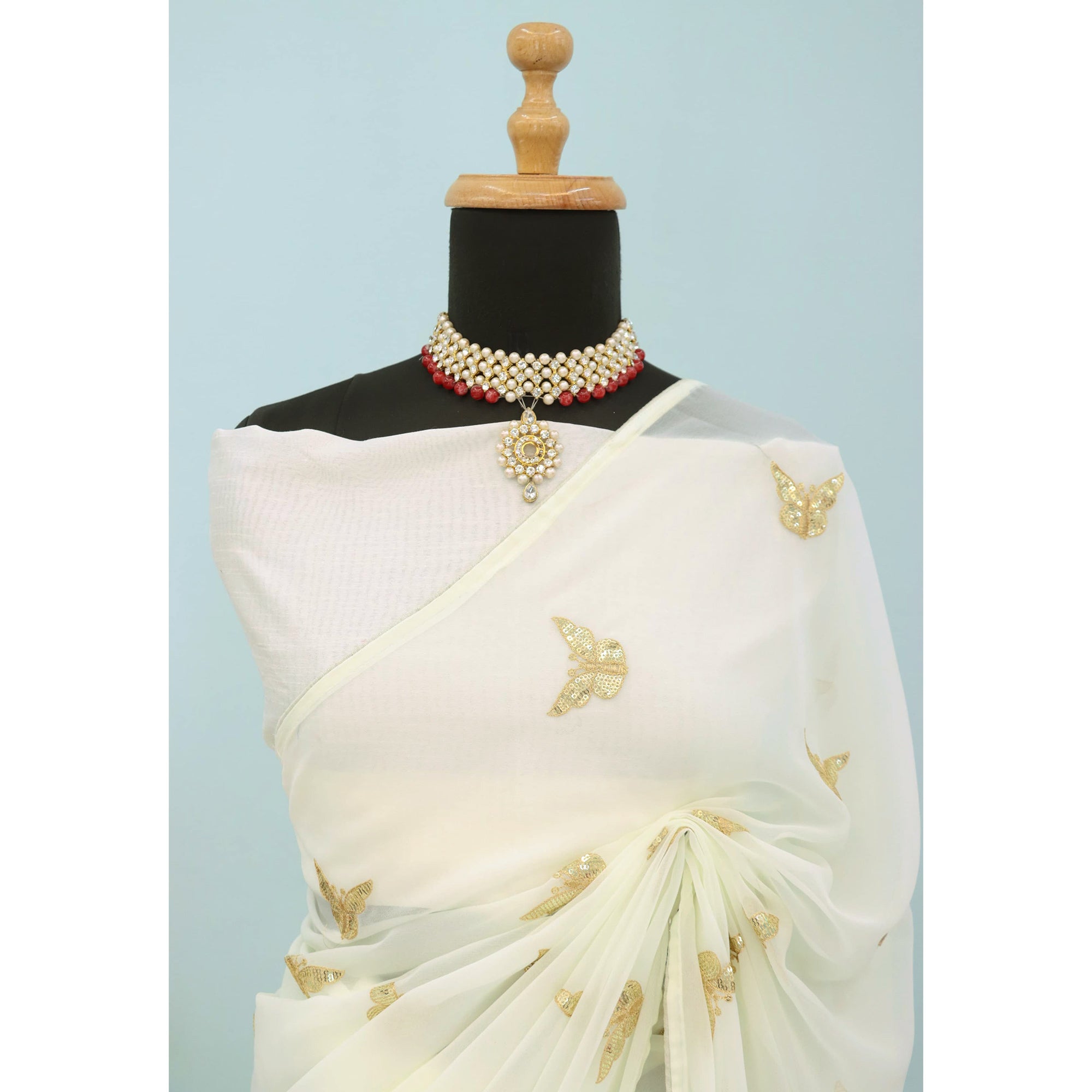 Offwhite Embroidered Georgette Saree With Shimmering Butterfly Sequin Work