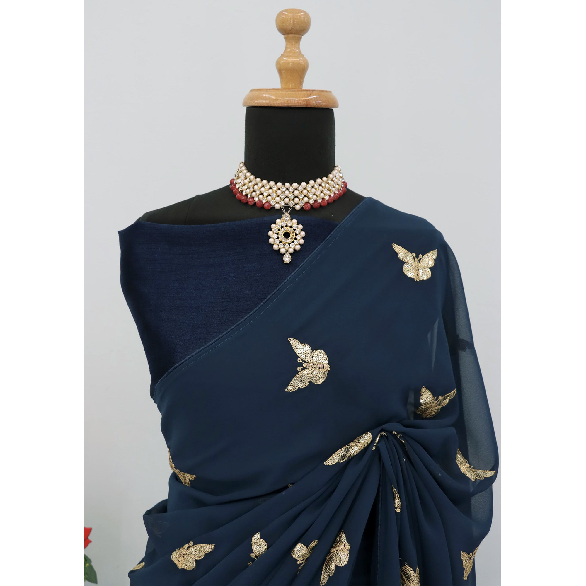 Blue Embroidered Georgette Saree With Shimmering Butterfly Sequin Work