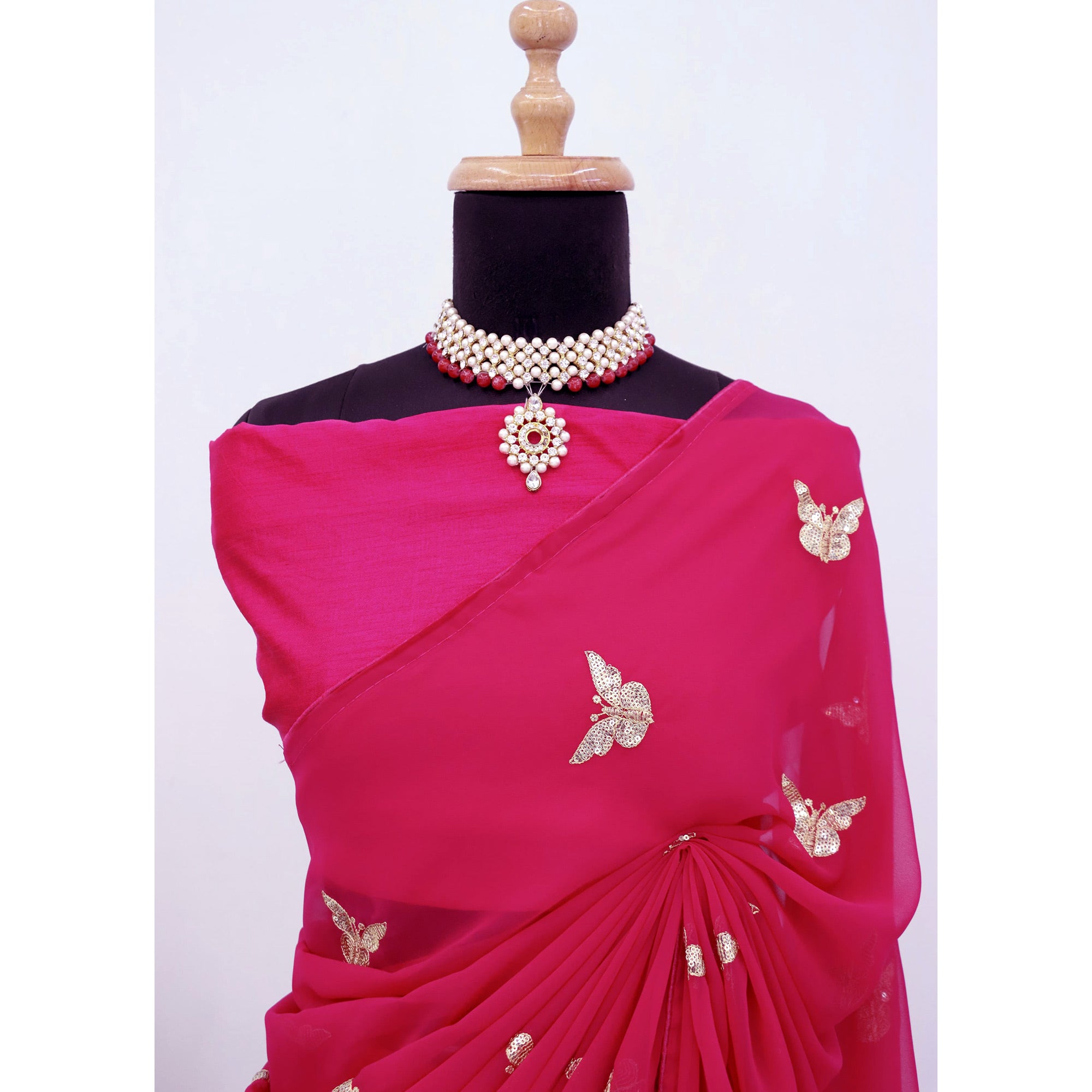 Pink Embroidered Georgette Saree With Shimmering Butterfly Sequin Work