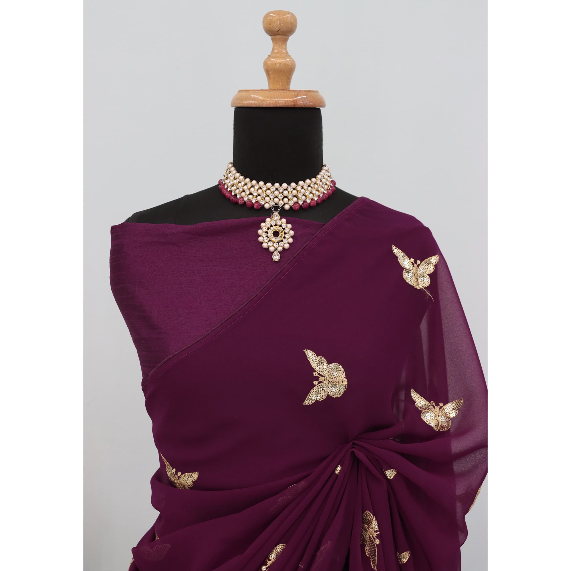 Wine Embroidered Georgette Saree With Shimmering Butterfly Sequin Work