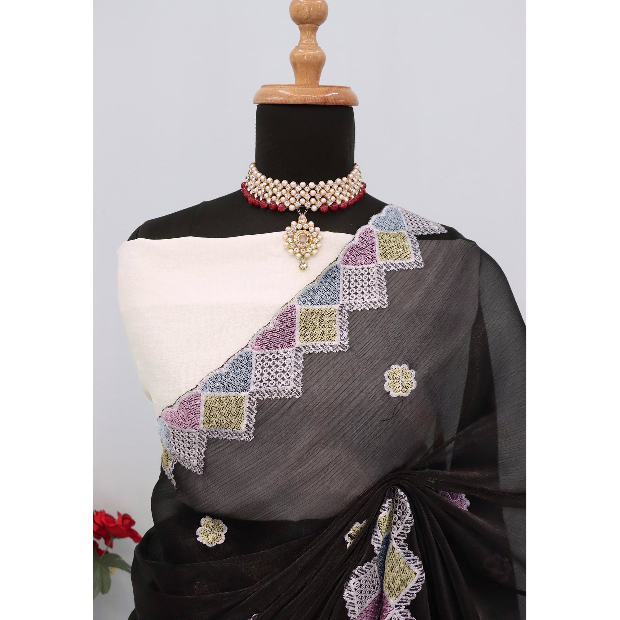 Elegant Black Chiffon Silk Saree Adorned With Delicate Floral Sequin Work