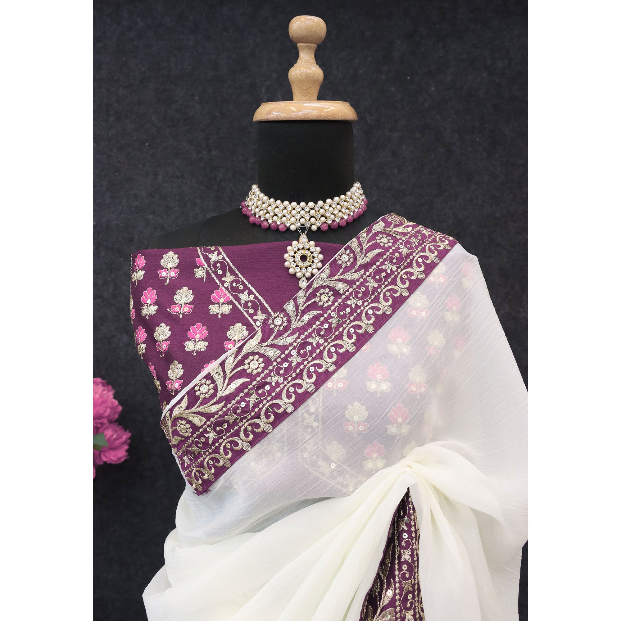Offwhite Solid Crunchy Silk Blend Saree With Sequins Embroidery Border Work