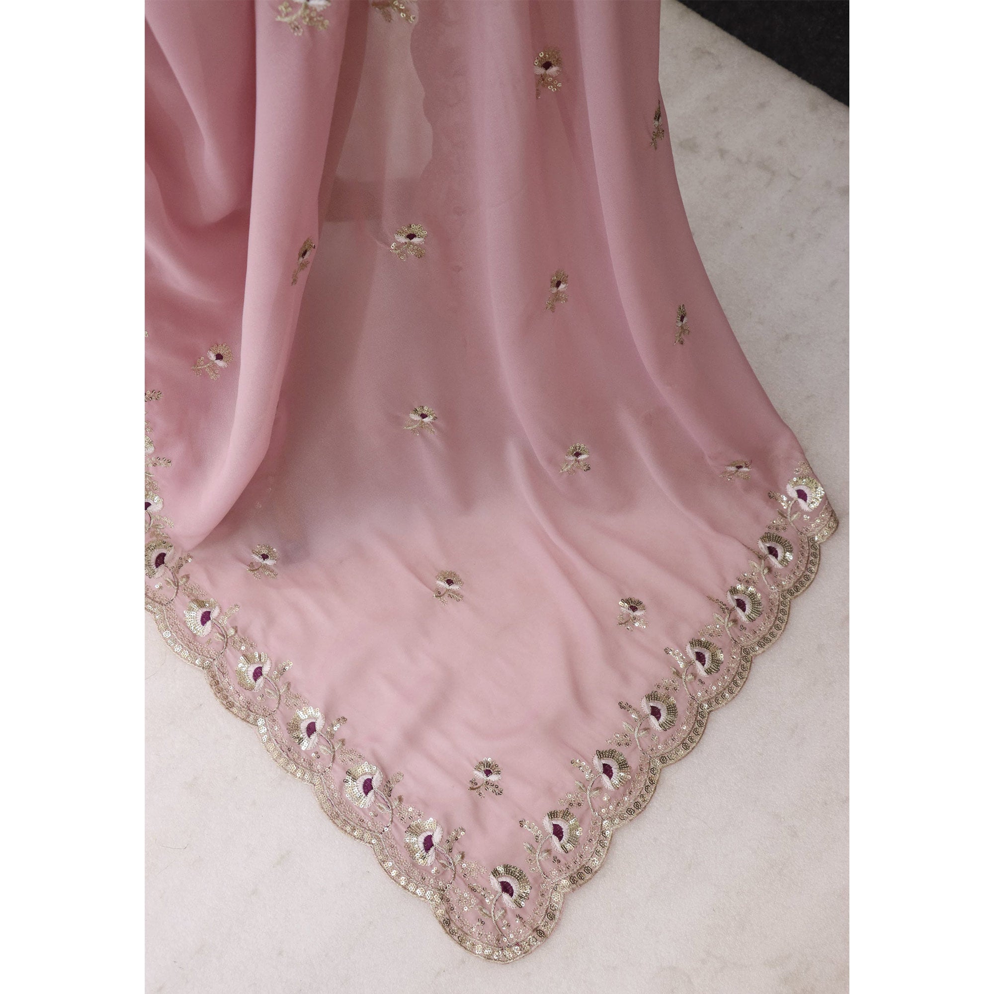 Pink Georgette Silk Saree With Floral Sequin Embroidery & Graceful Cutwork Detailing Border