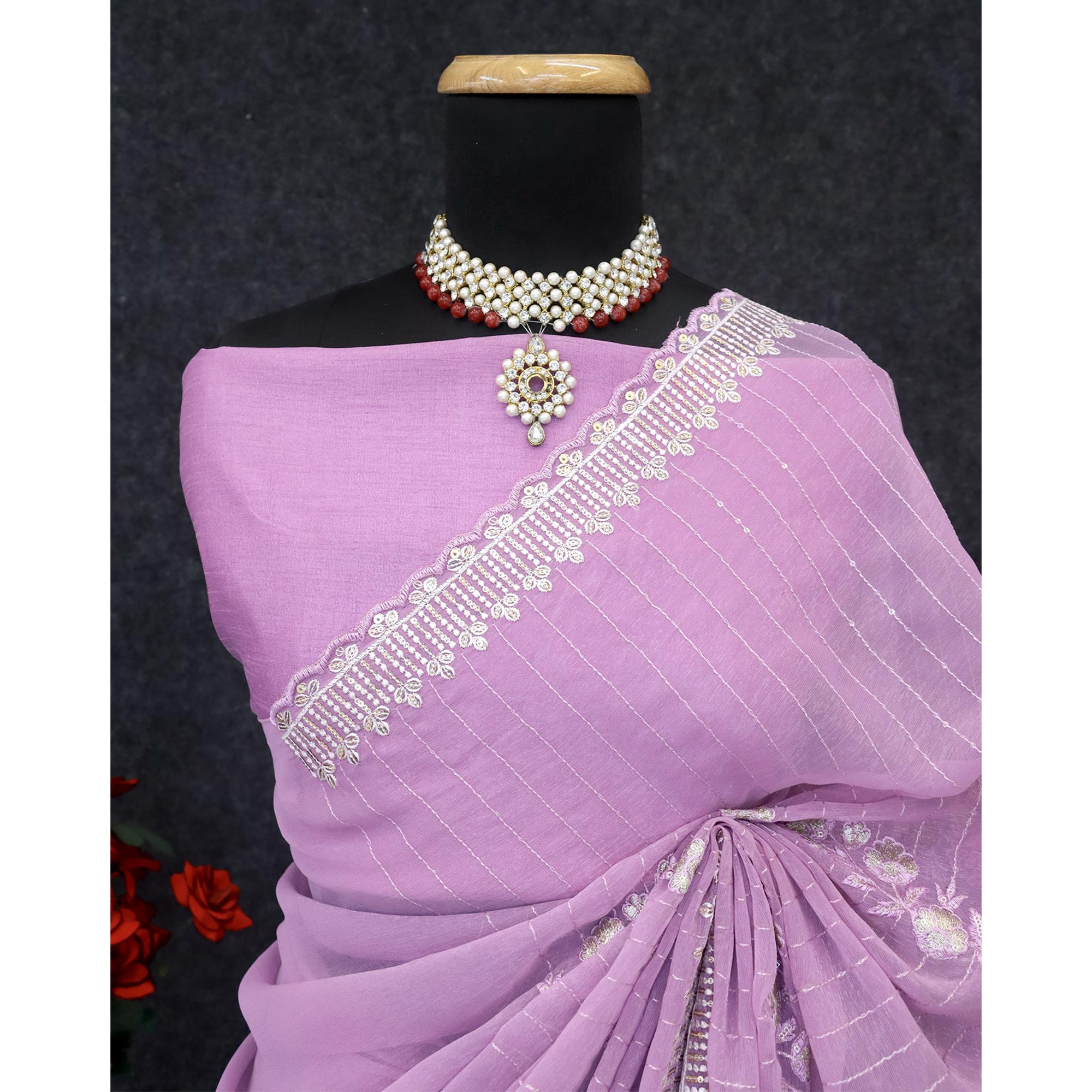Light Purple Shimmer Chiffon Saree with Floral Sequin Embroidery & Elegant Cutwork Border