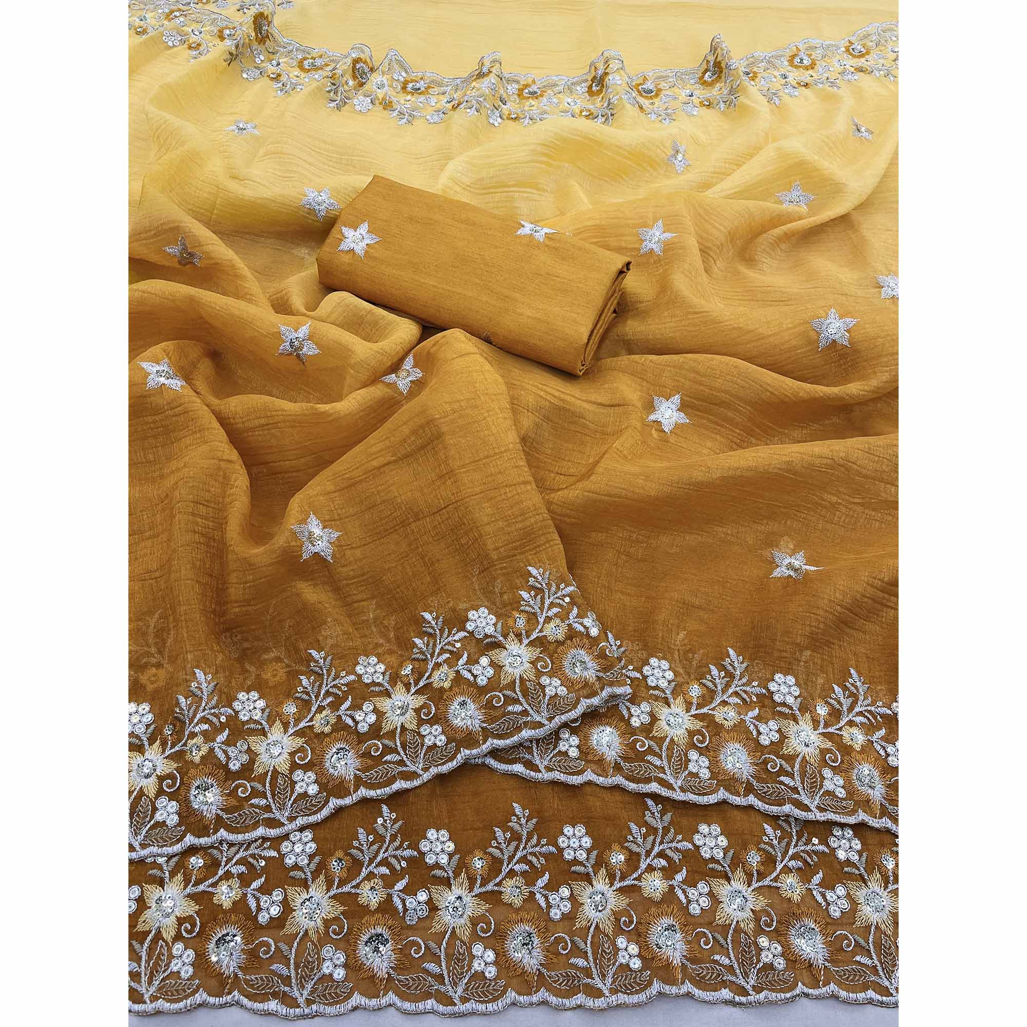 Mustard Crunchy Crush Saree Featuring Floral Thread Embroidery & Sequins Embellishment