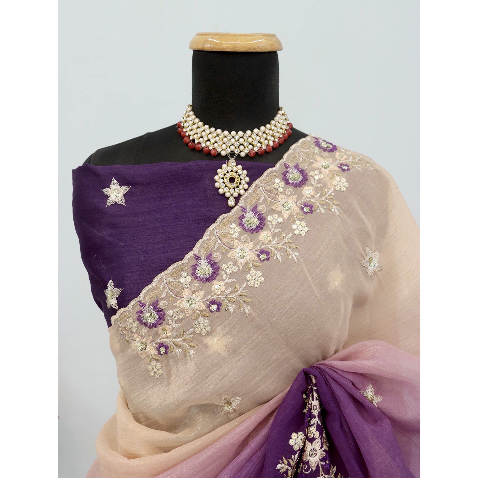 Purple Crunchy Crush Saree Featuring Floral Thread Embroidery & Sequins Embellishment
