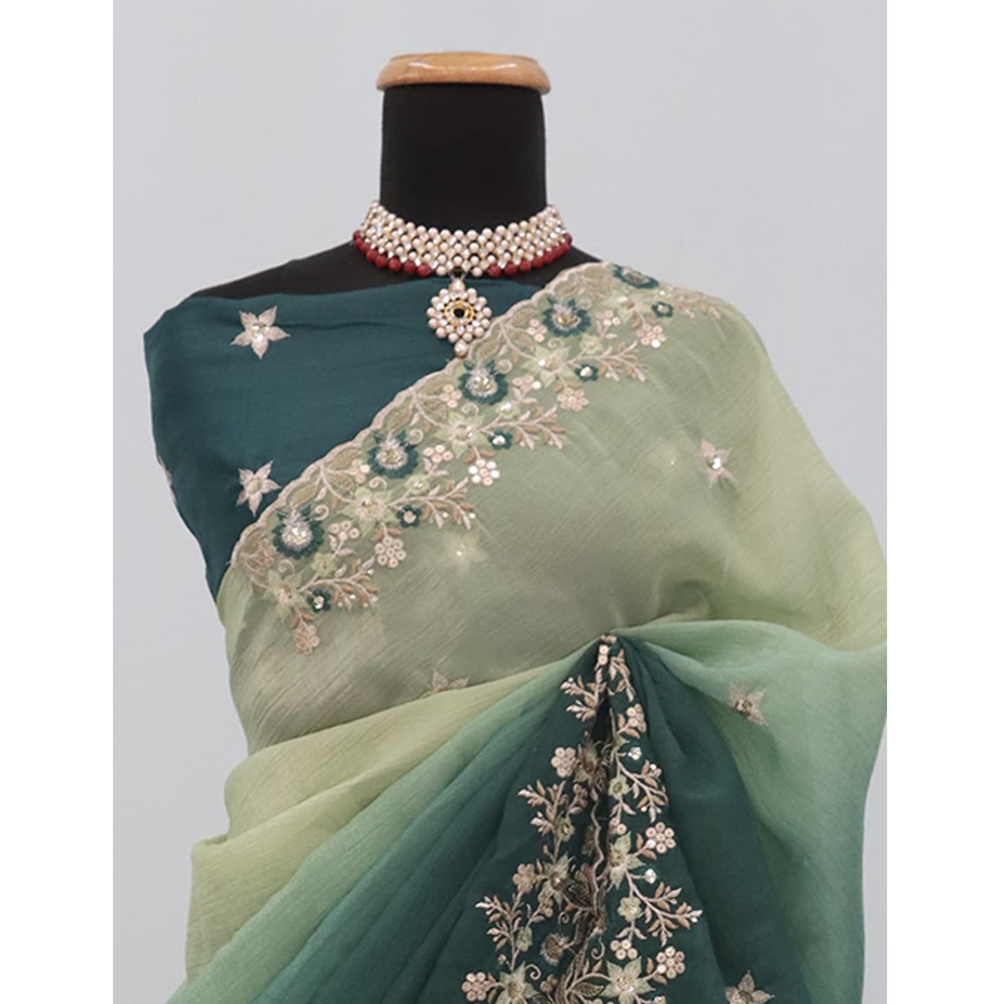 Teal Crunchy Crush Saree Featuring Floral Thread Embroidery & Sequins Embellishment