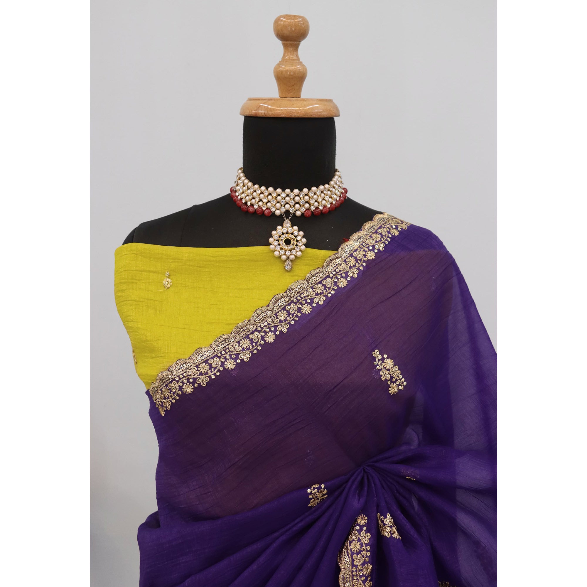 Royal Purple Crunchy Crush Saree Adorned With Floral Thread Embroidery & Gleaming Sequins Detailing