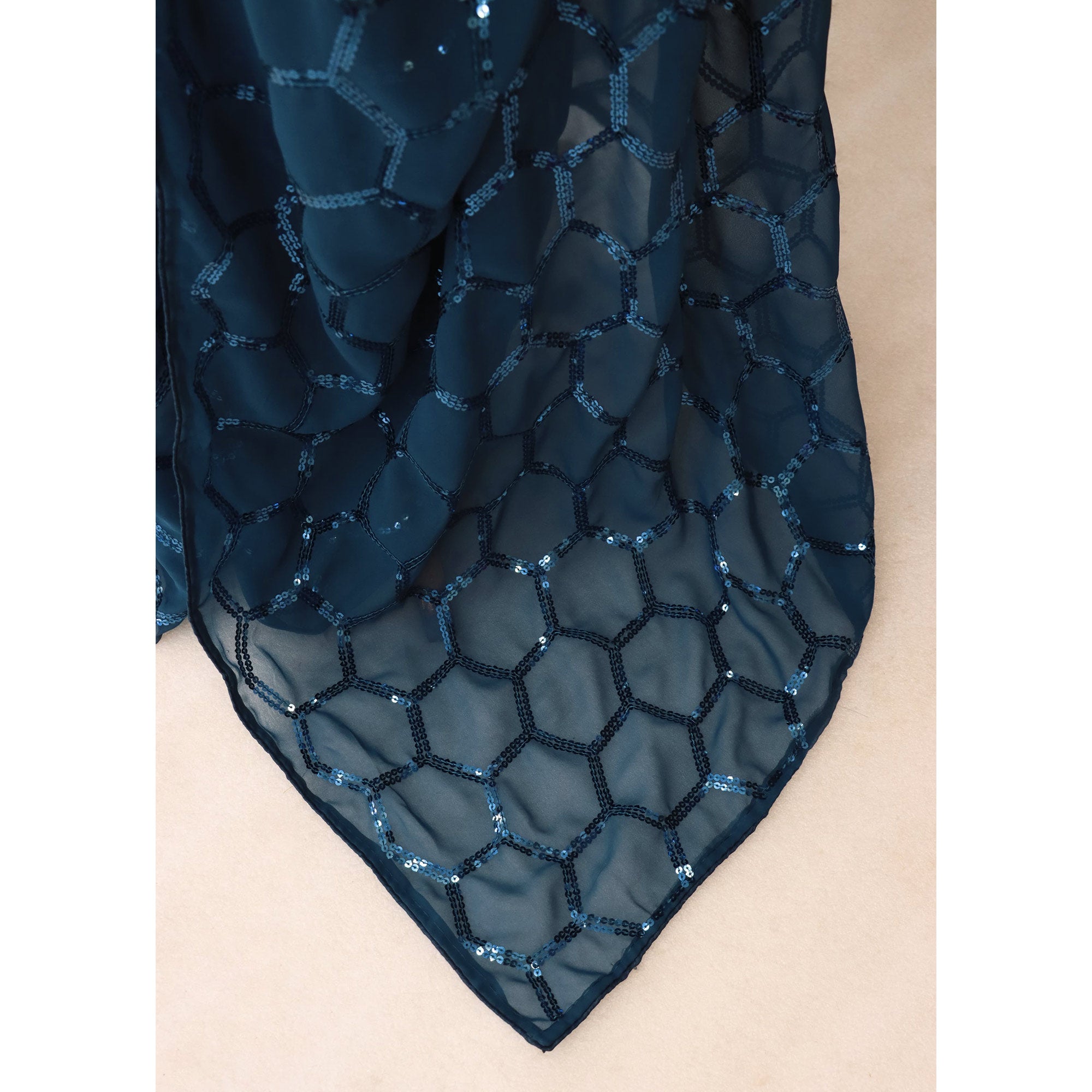 Blue Georgette Silk Saree Embellished With Sparkling Sequins Embroidery & Piping Border