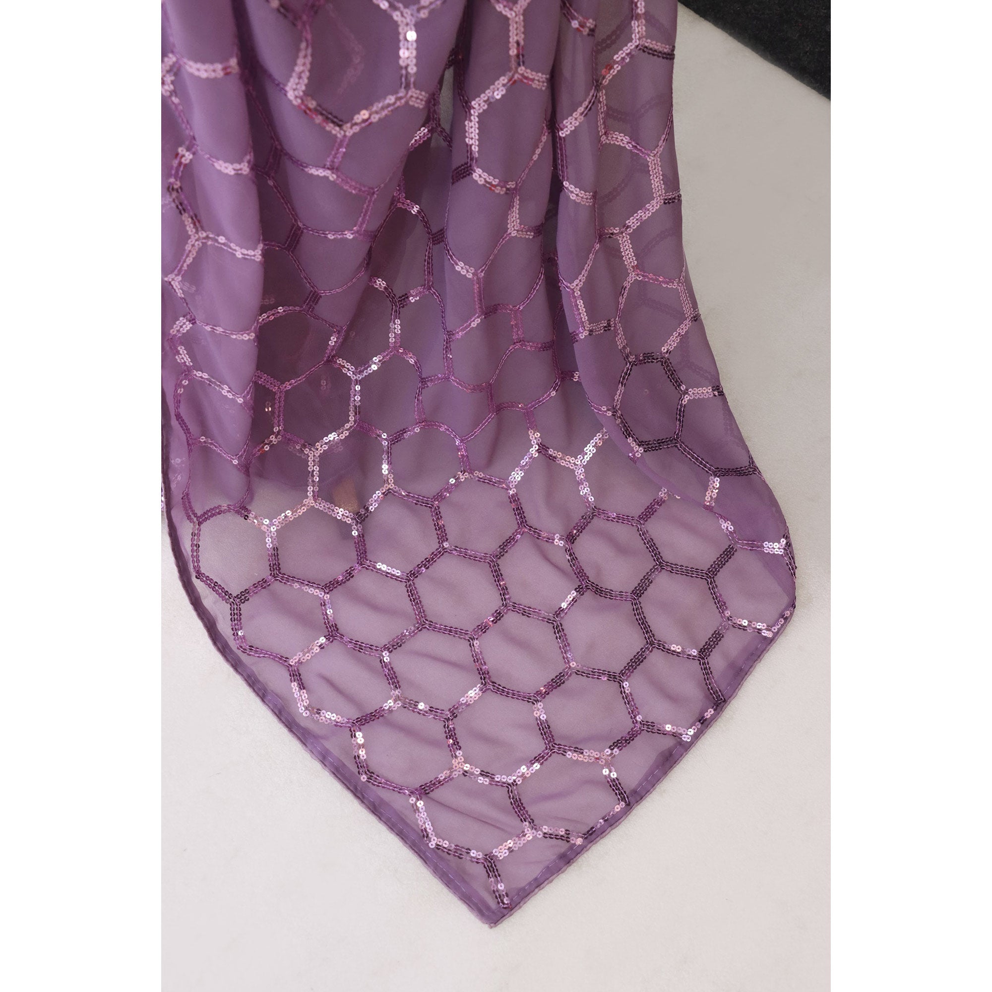 Lilac Purple Georgette Silk Saree Embellished With Sparkling Sequins Embroidery & Piping Border