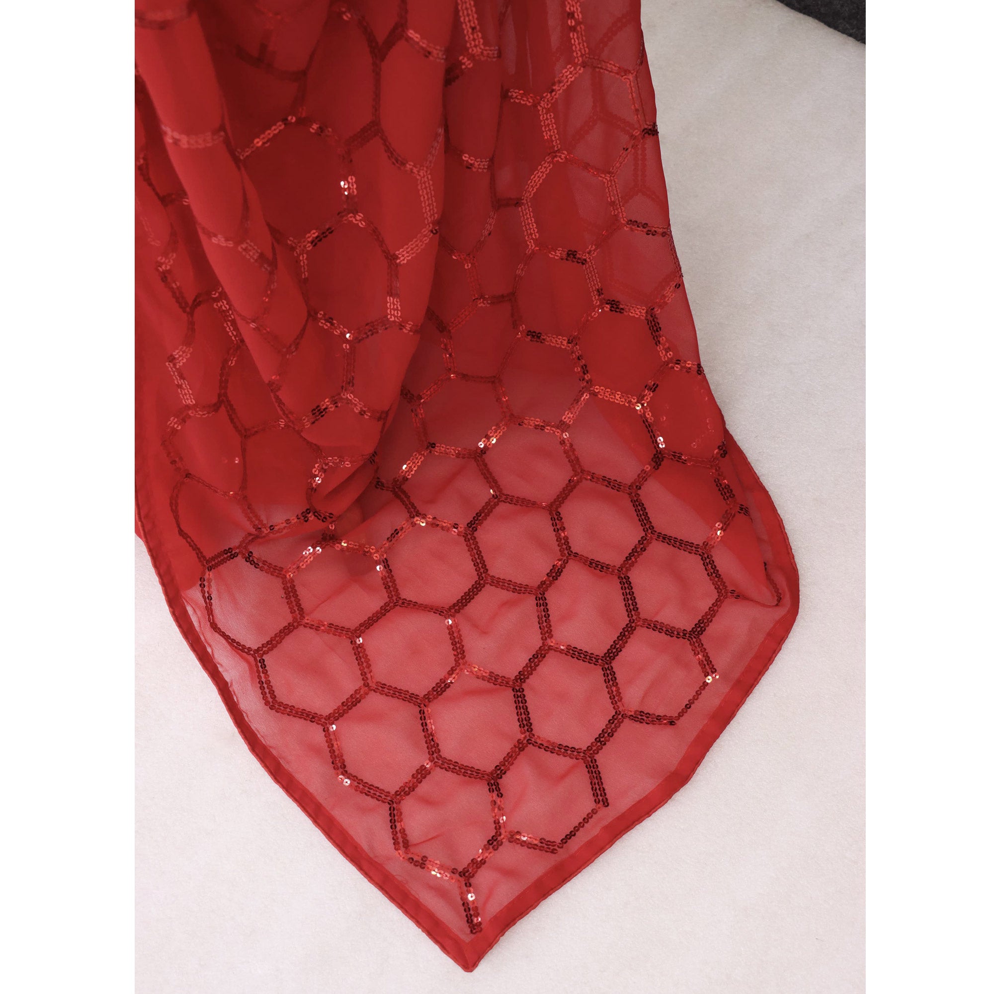 Red Georgette Silk Saree Embellished With Sparkling Sequins Embroidery & Piping Border