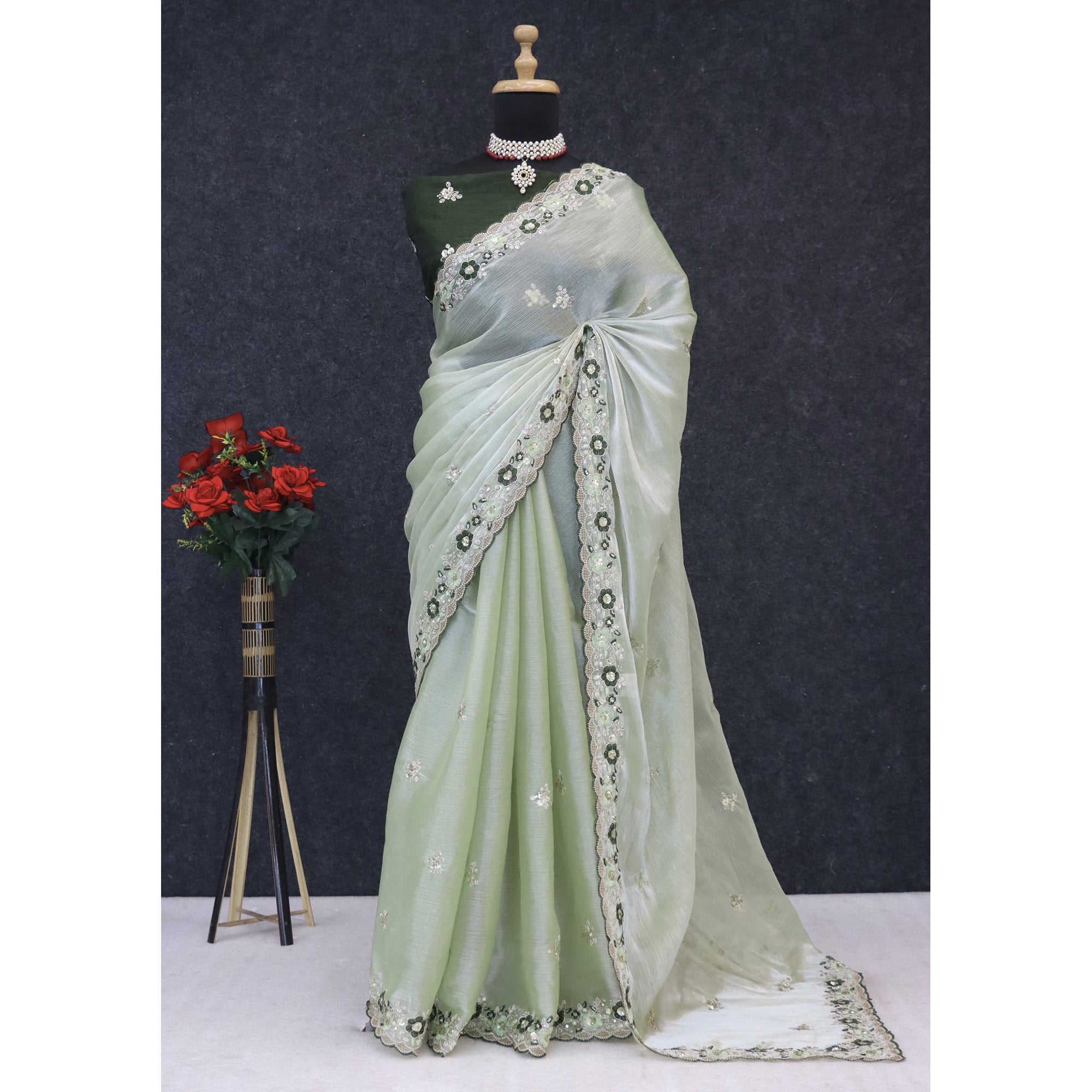 Green Jimmy Choo Chiffon Saree Adorned With Floral Embroidery & Delicate Sequins Work