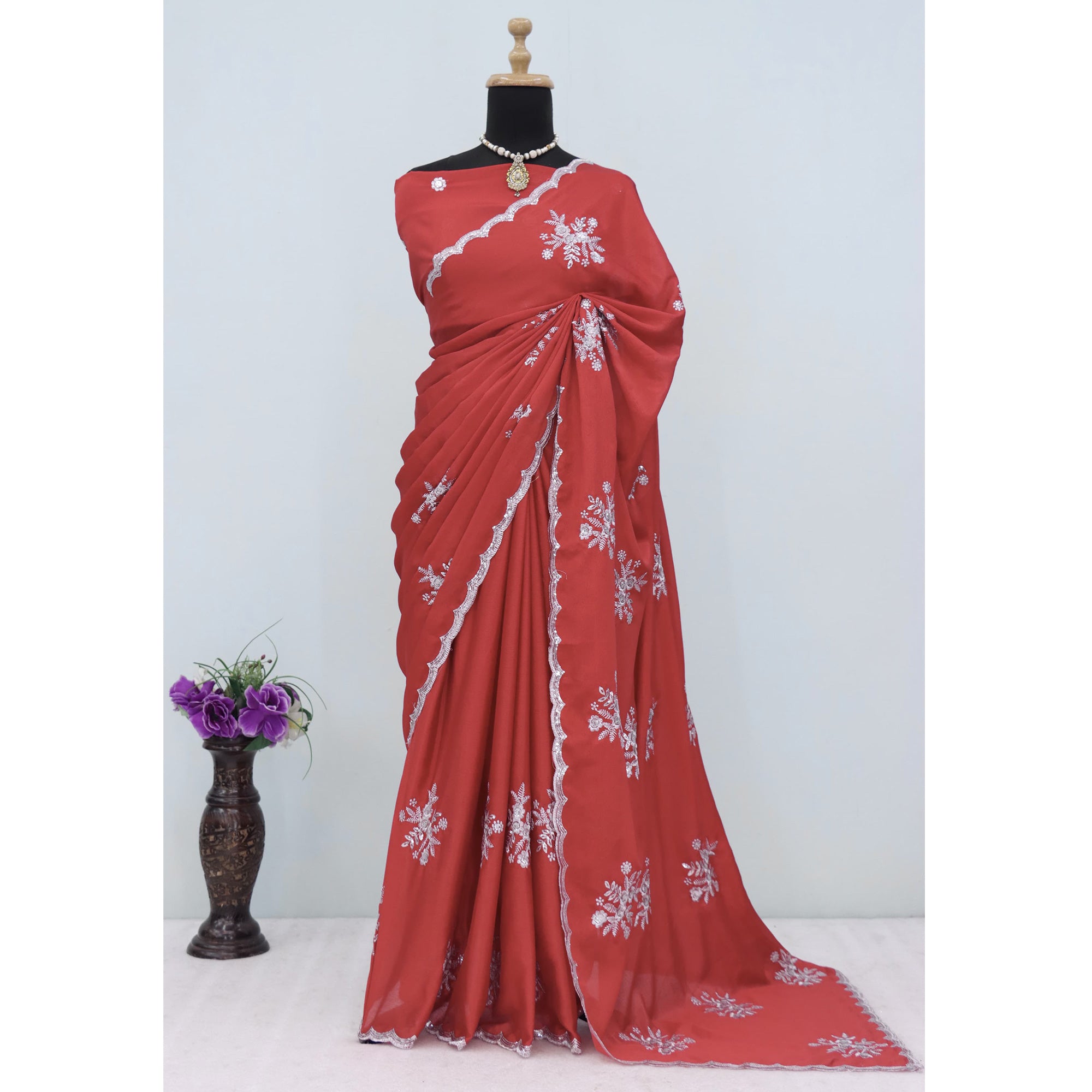 Red Chinon Saree Adorned With Zari Floral Embroidery & Gleaming Sequins Work
