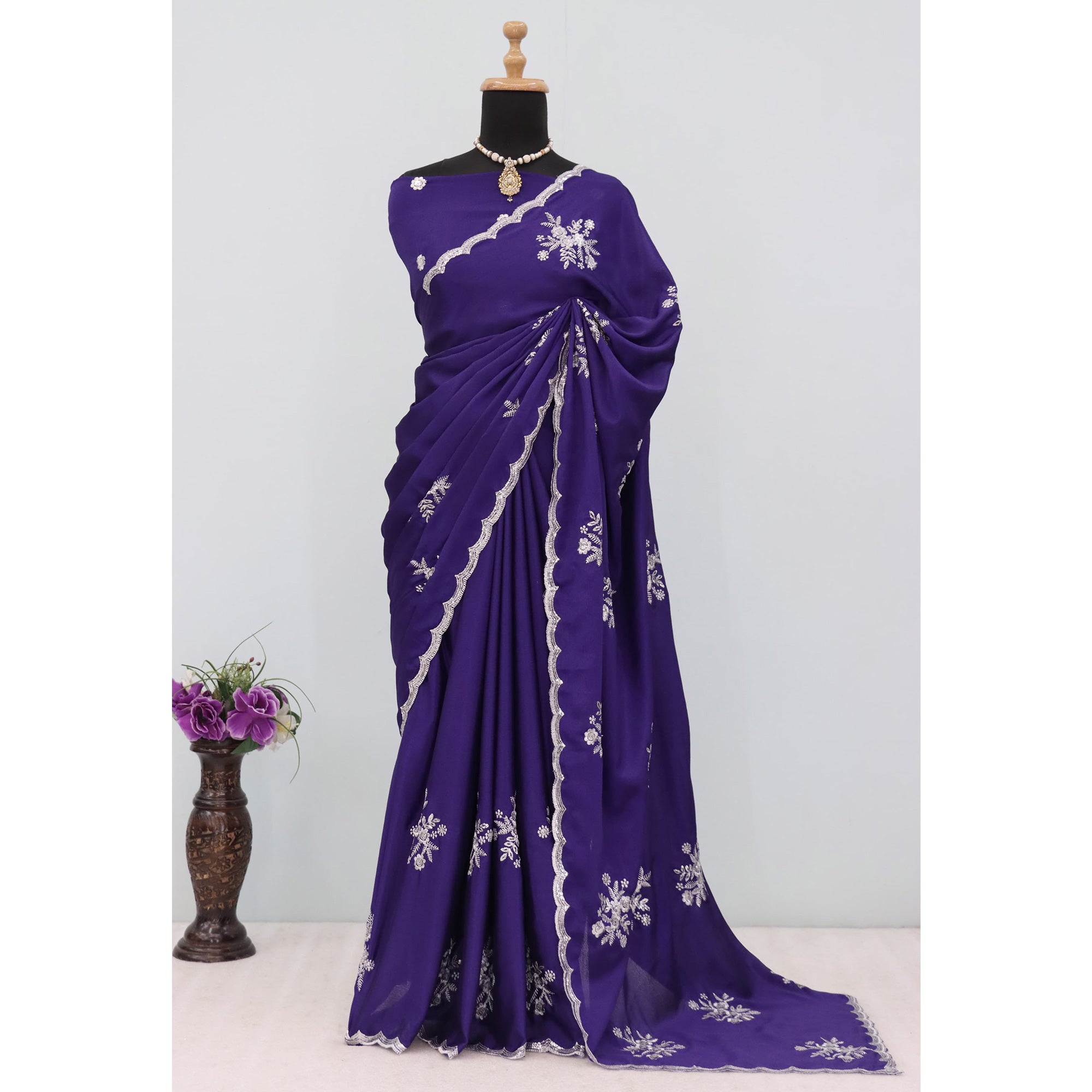 Royal Purple Chinon Saree Adorned With Zari Floral Embroidery & Gleaming Sequins Work