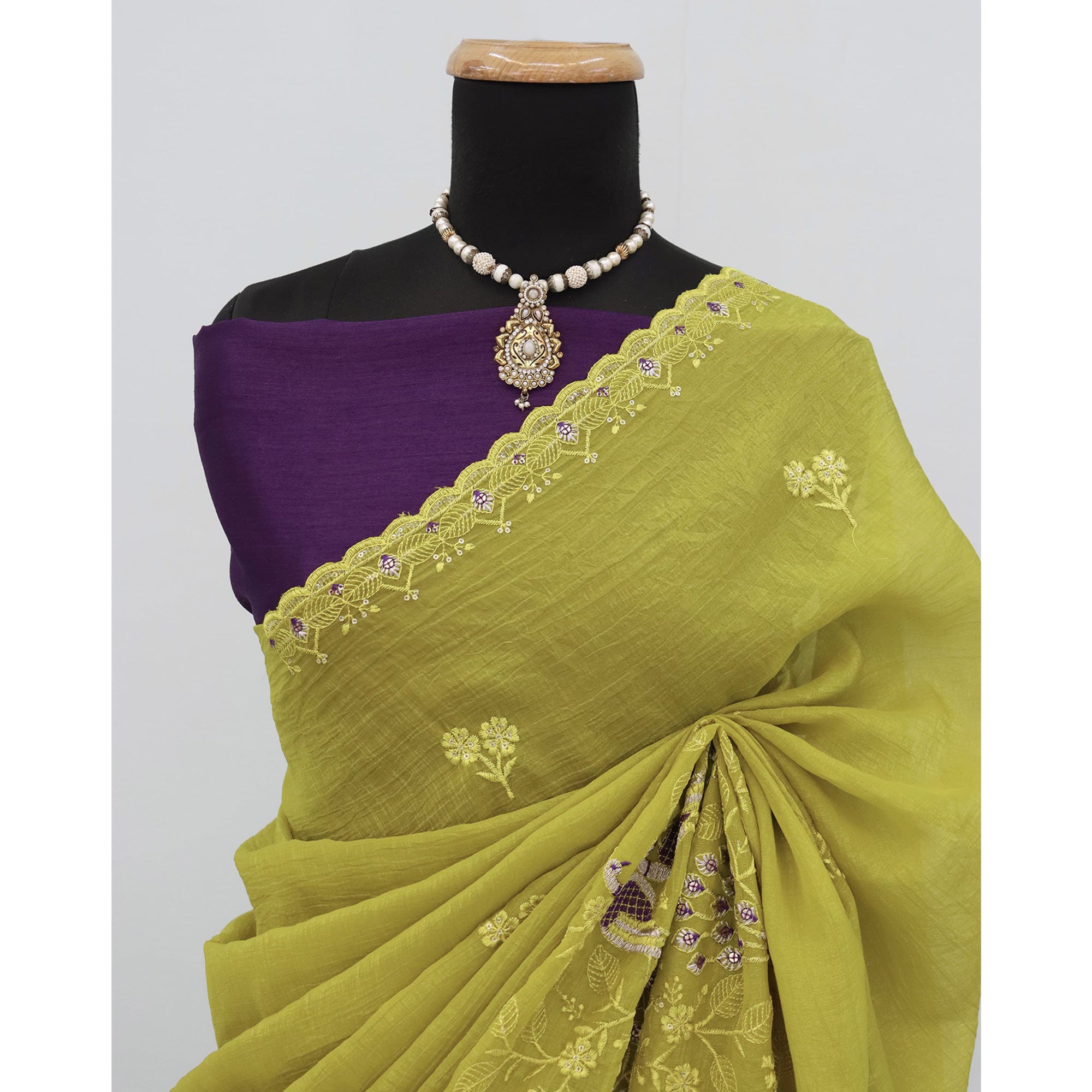 Graceful Green Crunchy Crush Saree With Delicate Floral Thread Embroidery & Sequin Work