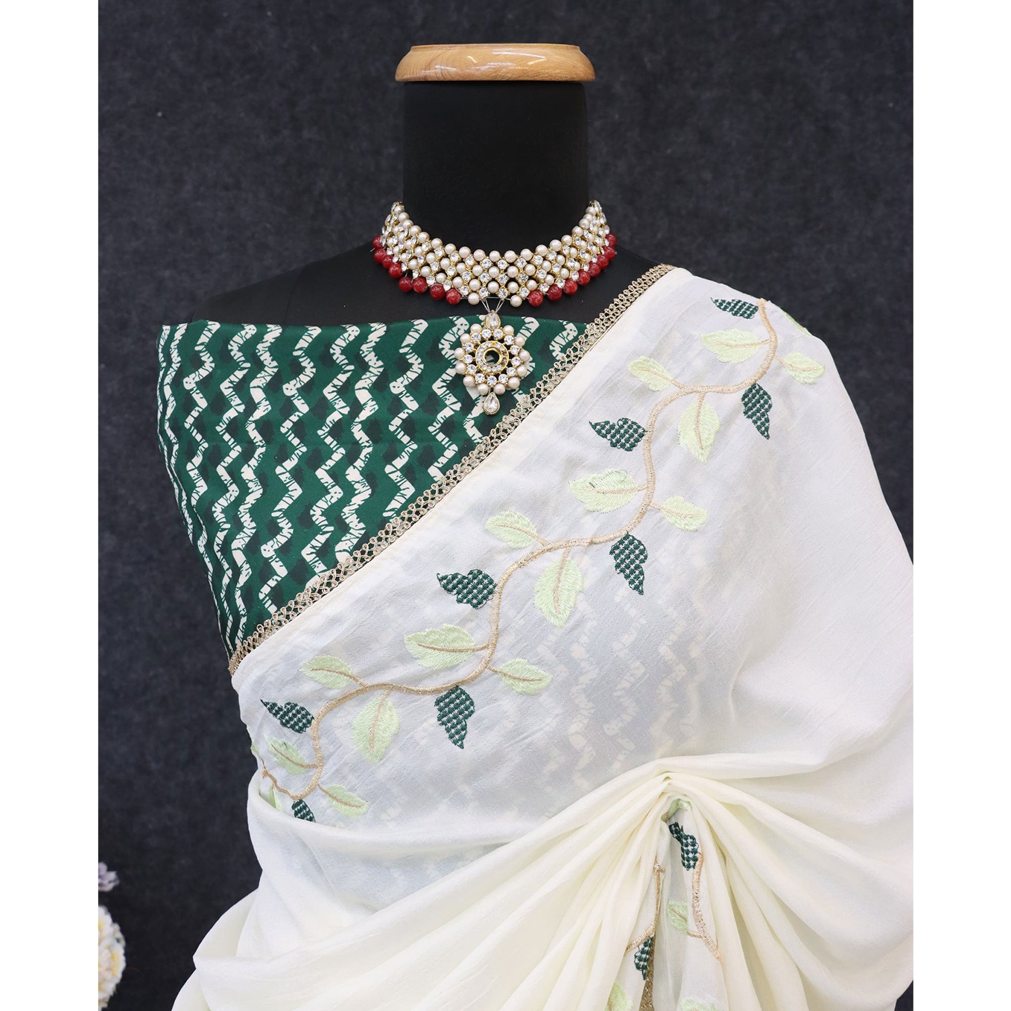 Elegant Offwhite & Green Pure Silk Saree With Intricate Thread Embroidery And Delicate Lace Border