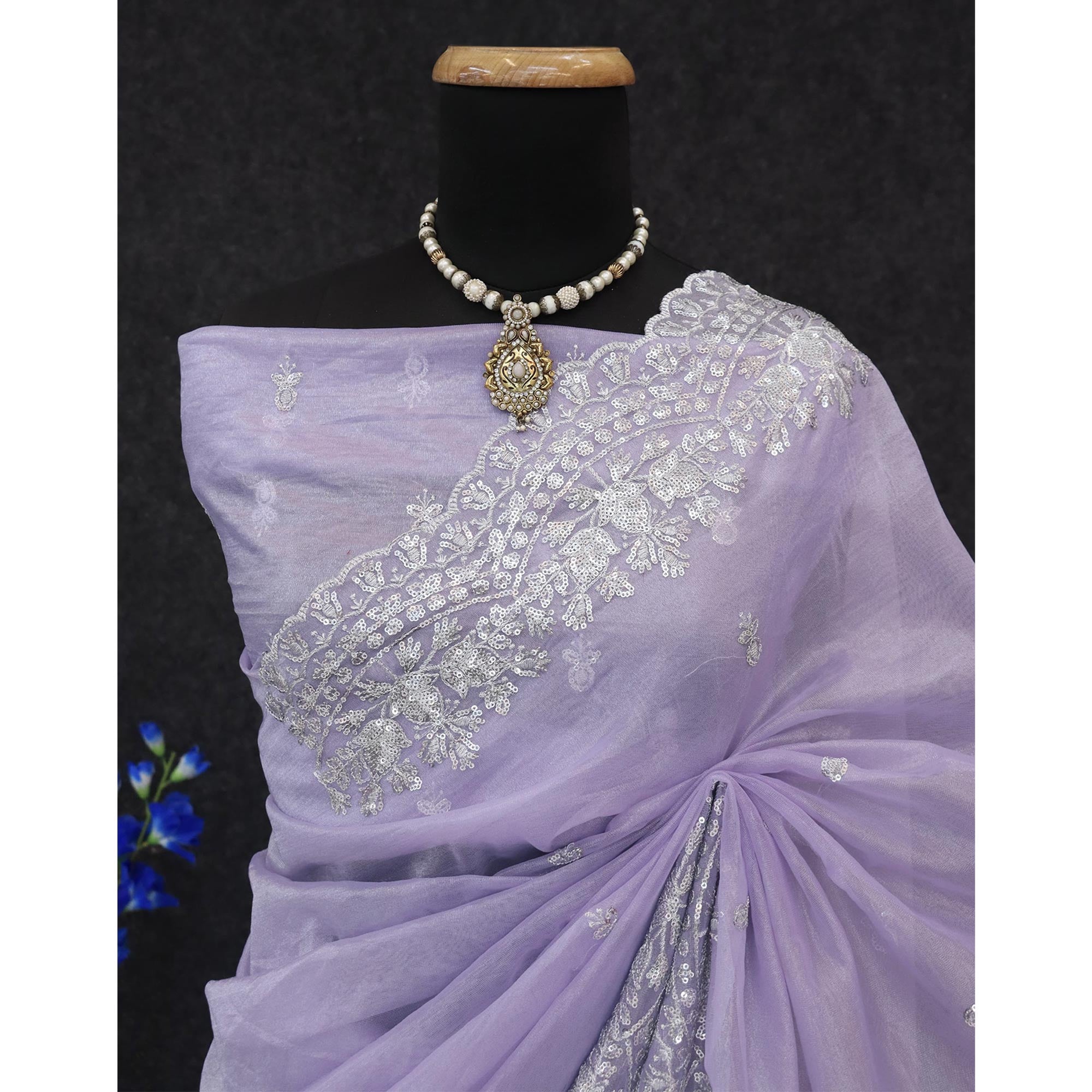 Lavender Sequins Embroidered Twill Net Designer Embellished Saree
