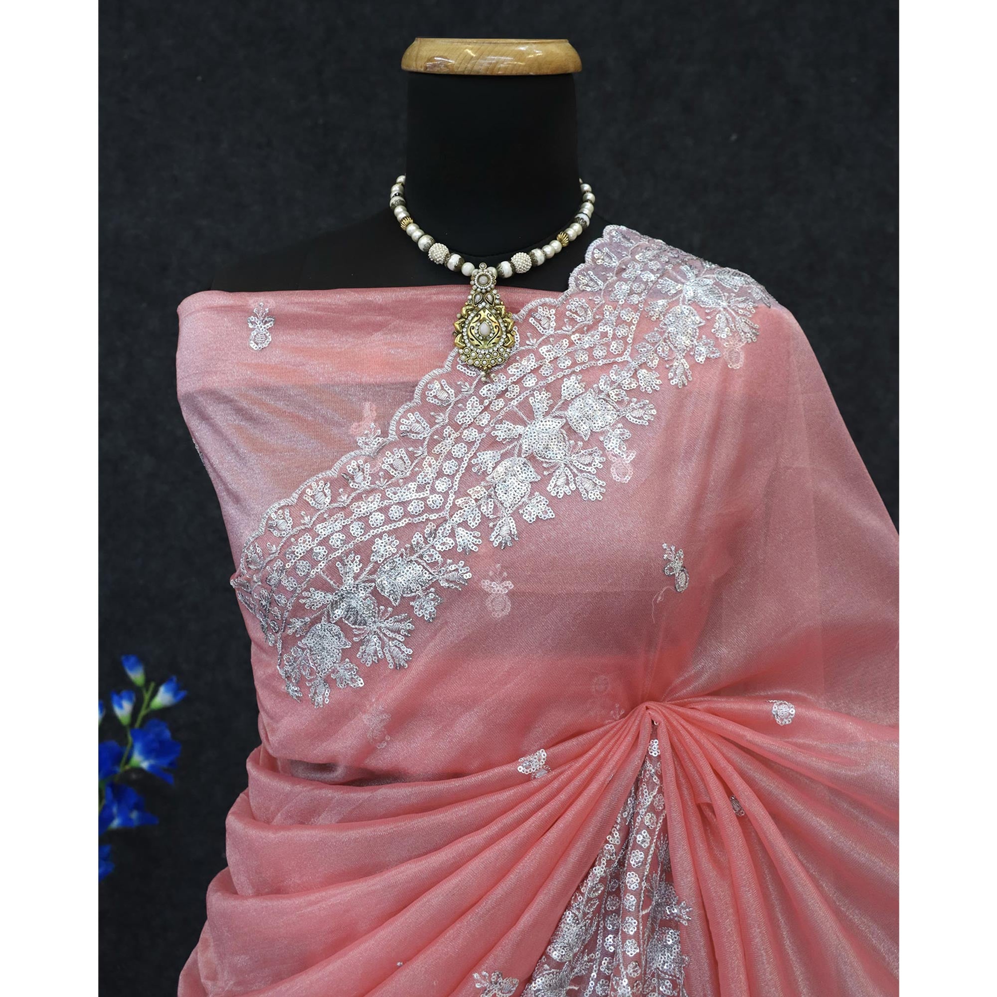 Peach Sequins Embroidered Twill Net Designer Embellished Saree