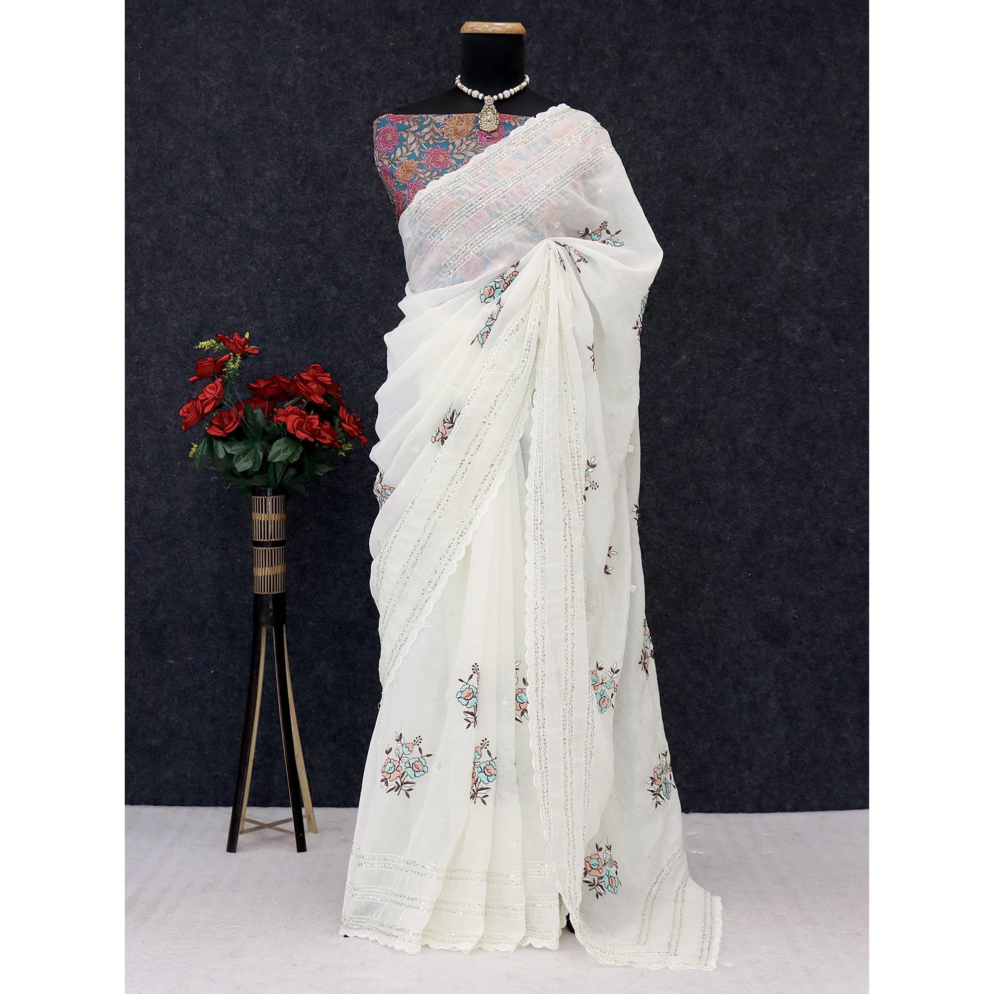 White Embroidered Cotton Silk Saree with Subtle Sequins Detailing