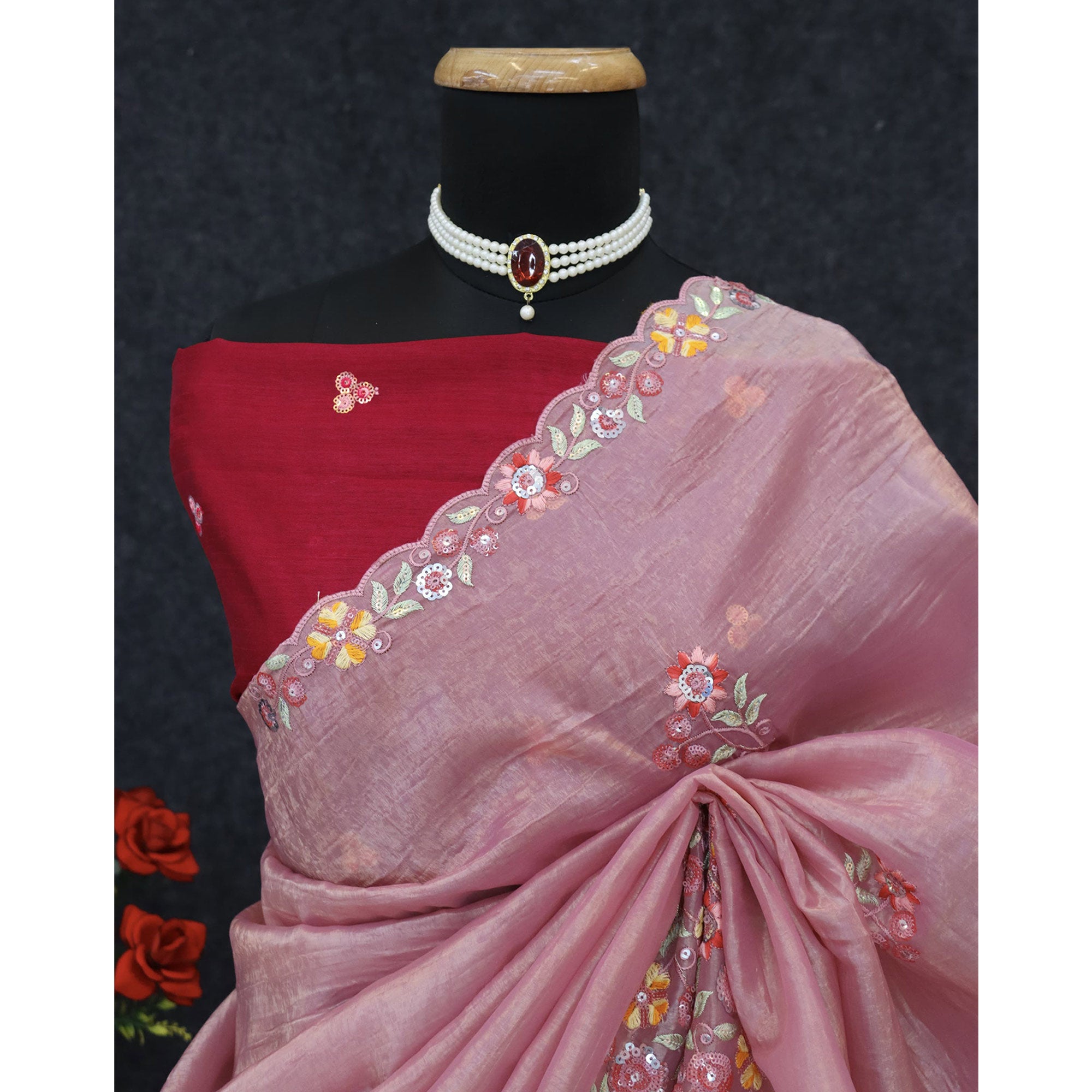 Pink Elegance Cotton Silk Saree with Floral Sequins Embroidery
