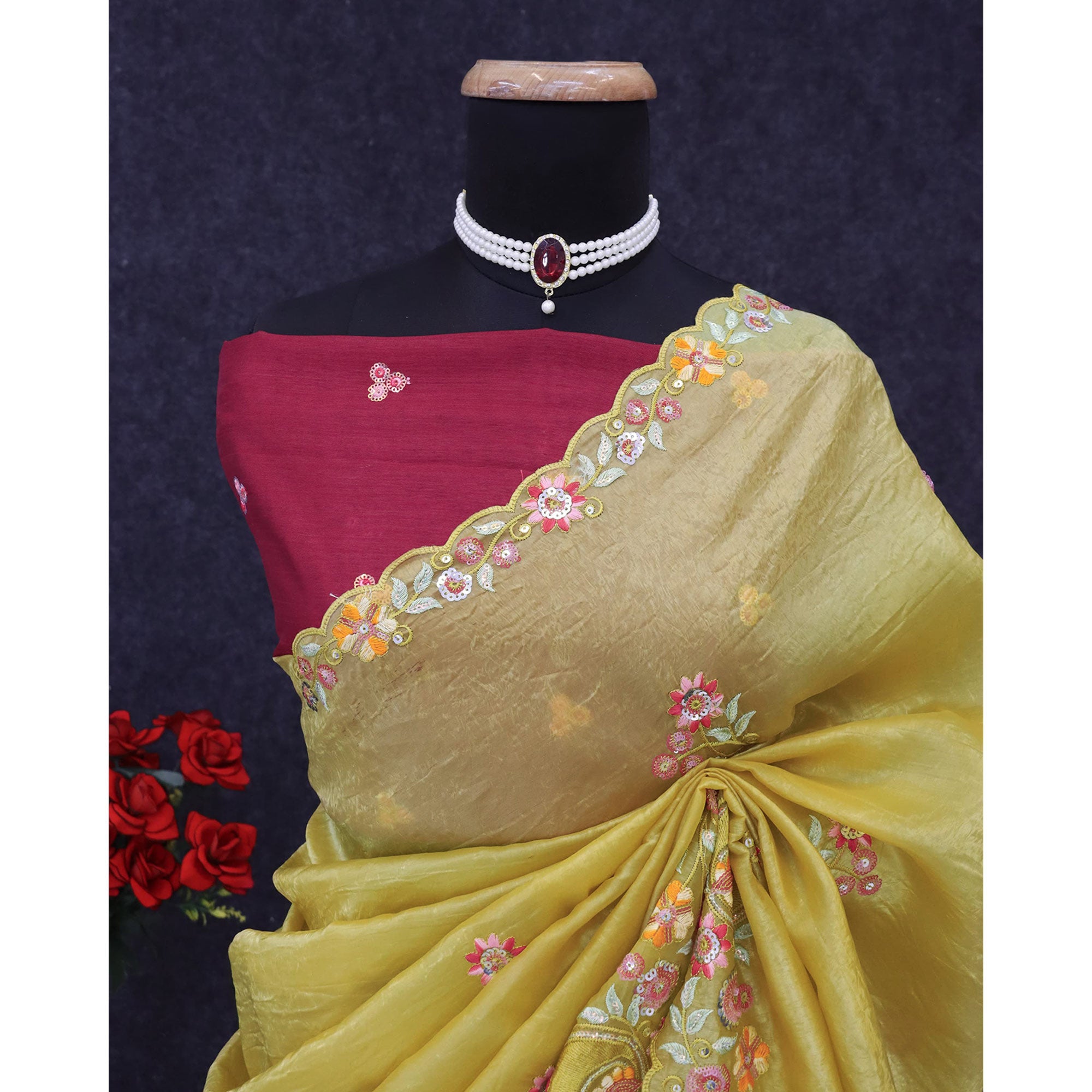 Yellow Elegance Cotton Silk Saree with Floral Sequins Embroidery